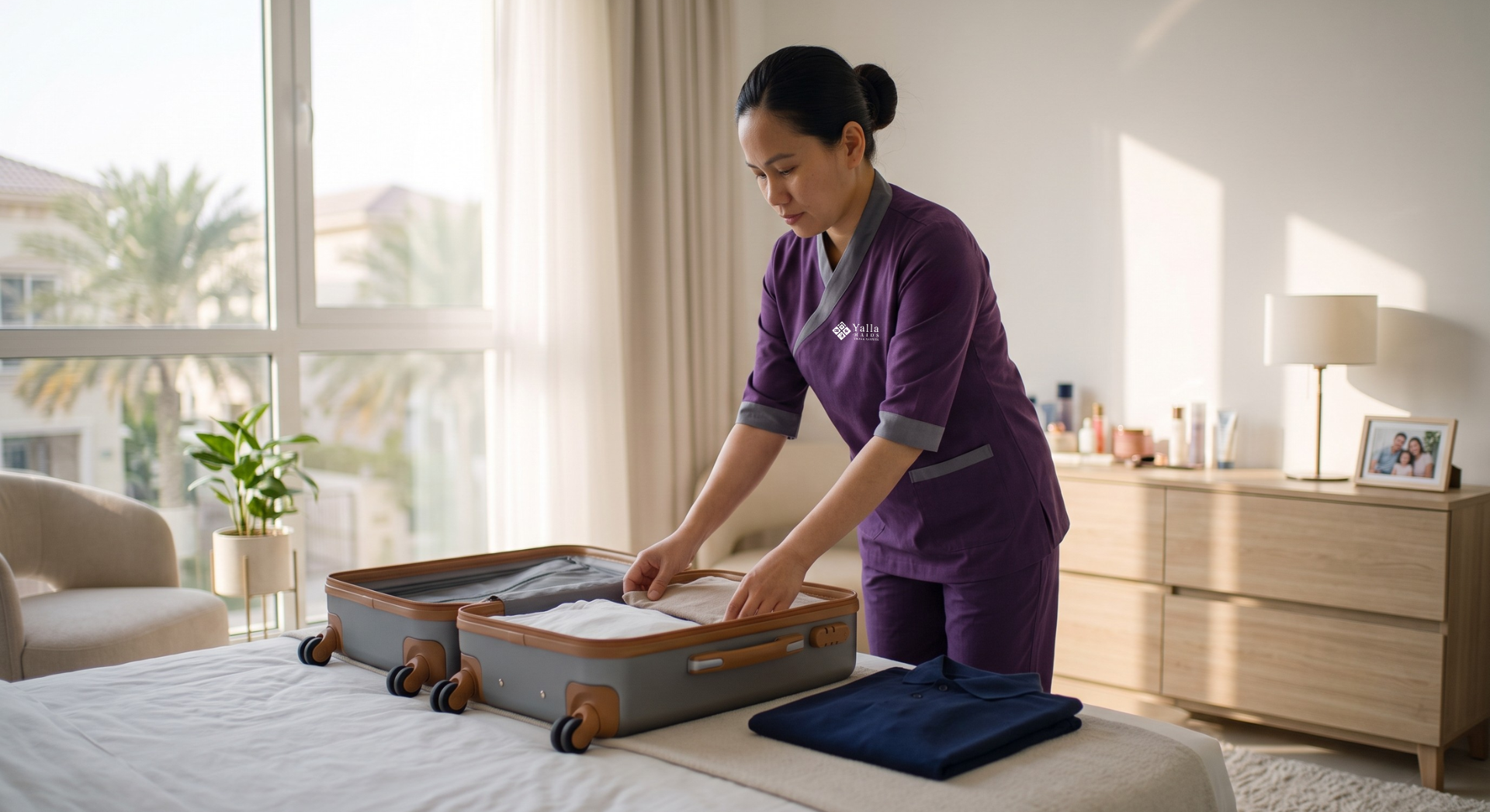 Nanny visa in Dubai renewal with a nanny packing luggage before travel