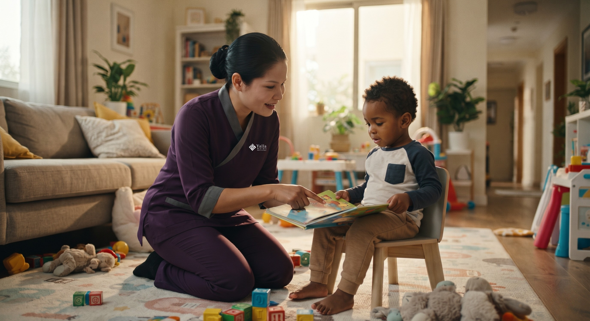 Live-in nanny in Dubai reading a storybook with a toddler at home.