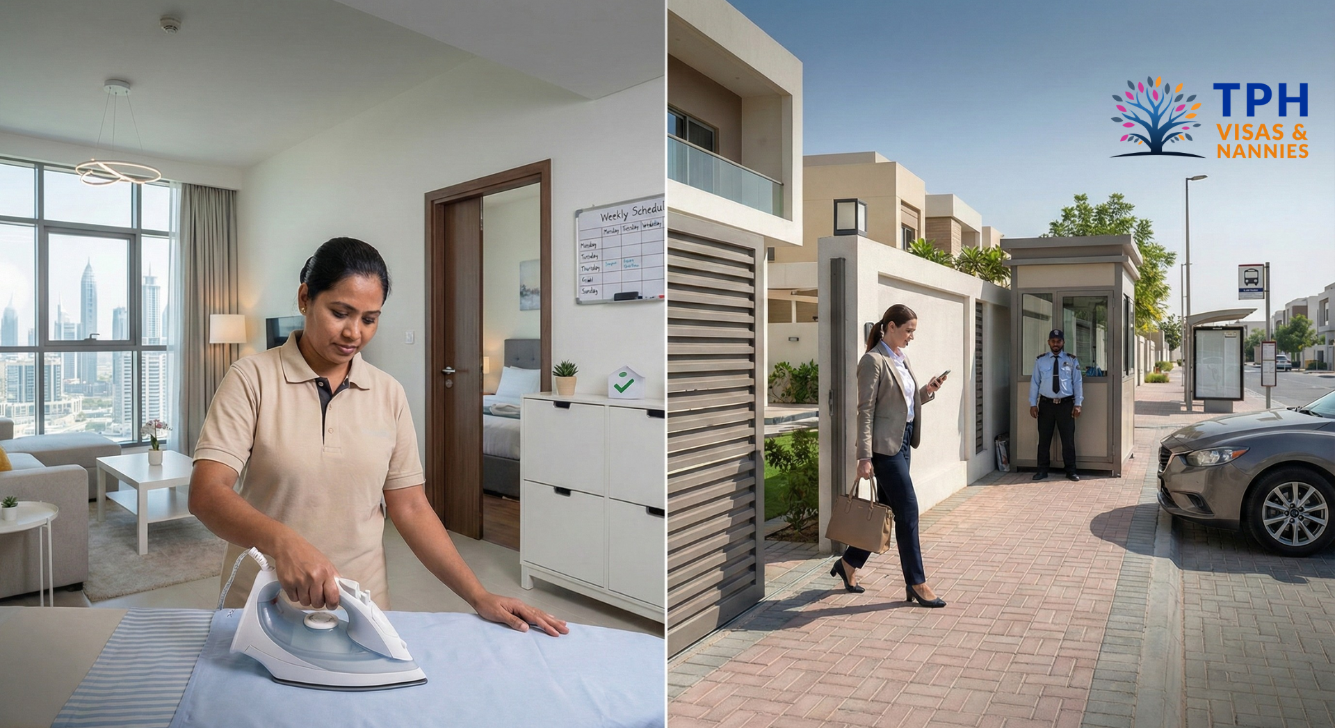 Live in maid working inside a Dubai home, showing the difference between live-in and live-out domestic help.