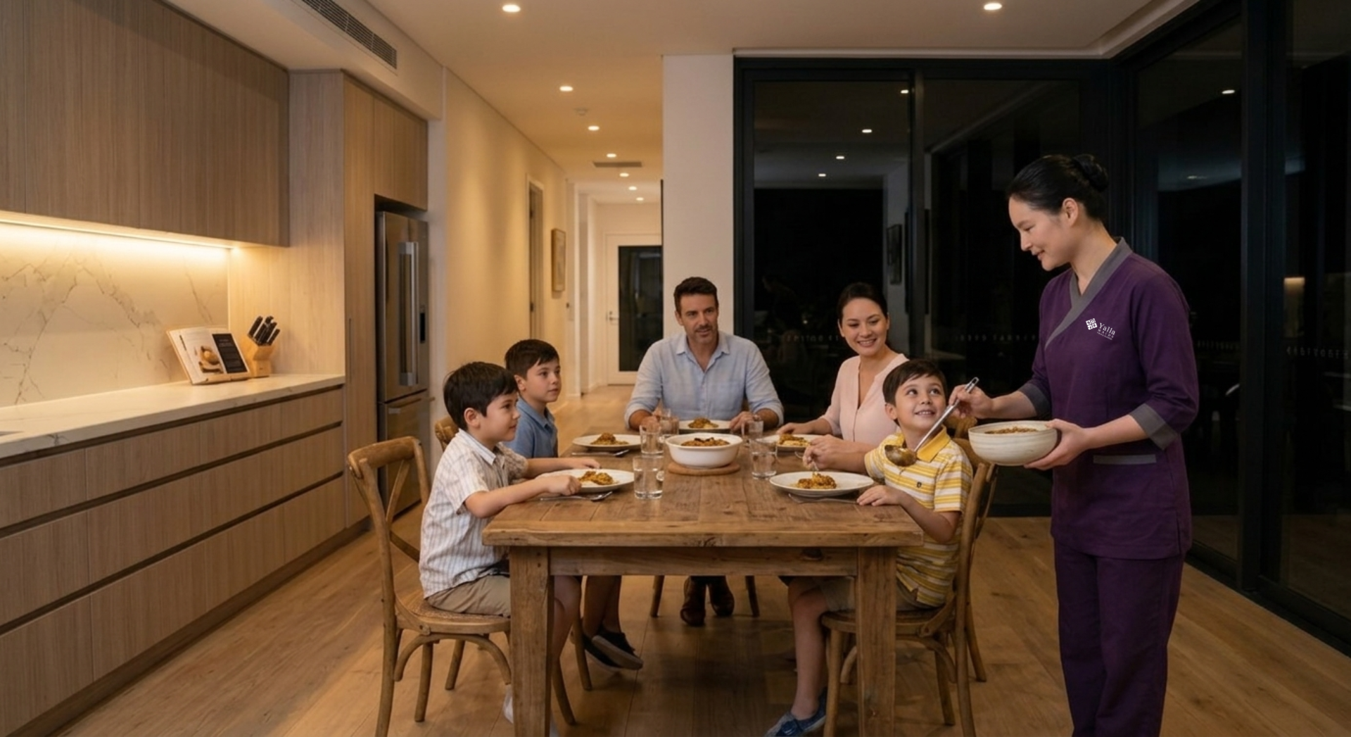 Live in maid serving dinner to a family in a modern Dubai home.