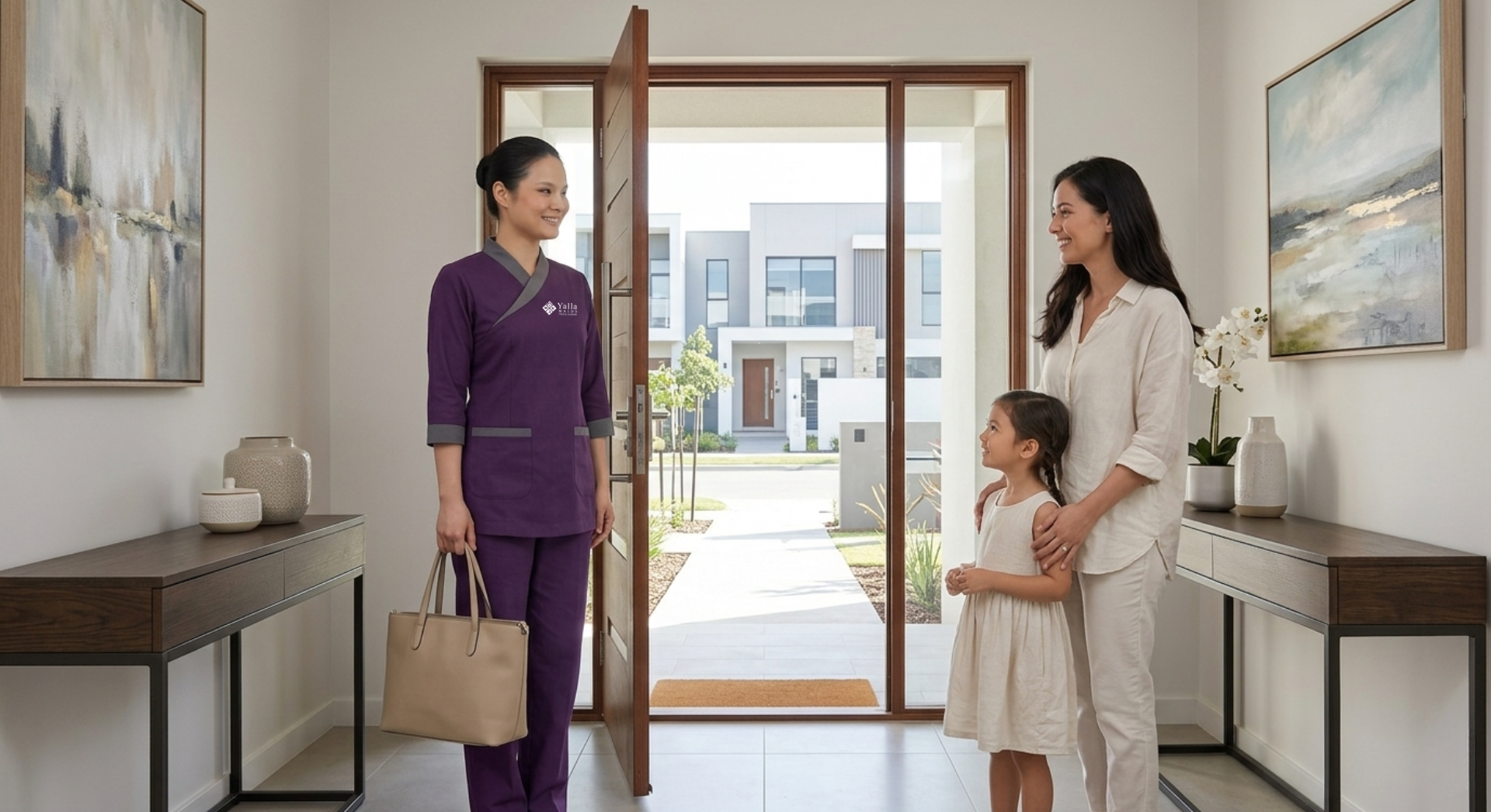 Live out maid arriving at a family villa in Dubai, greeted at the front door by a mother and child during a scheduled home service visit.