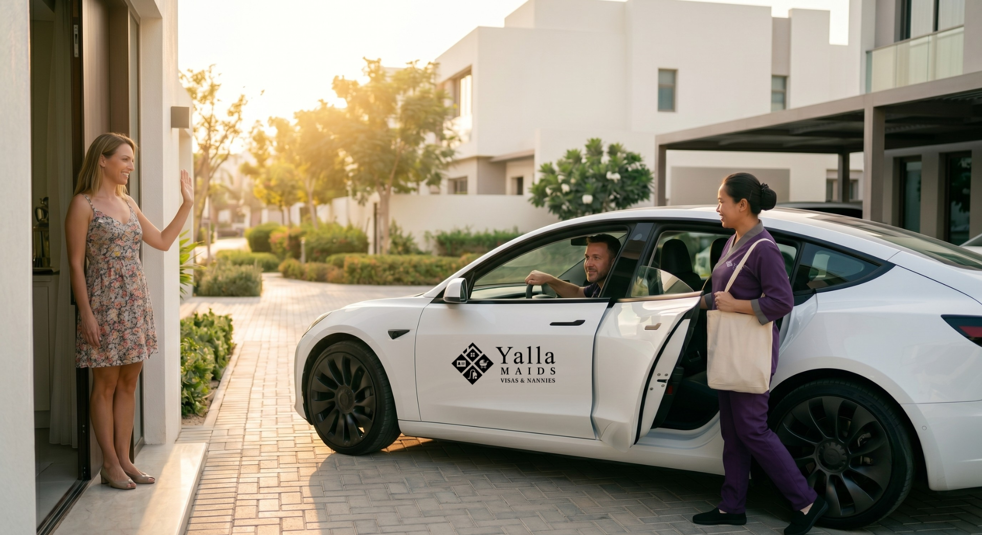 Live out maid Dubai arriving at a villa as a homeowner welcomes her for a scheduled cleaning visit.