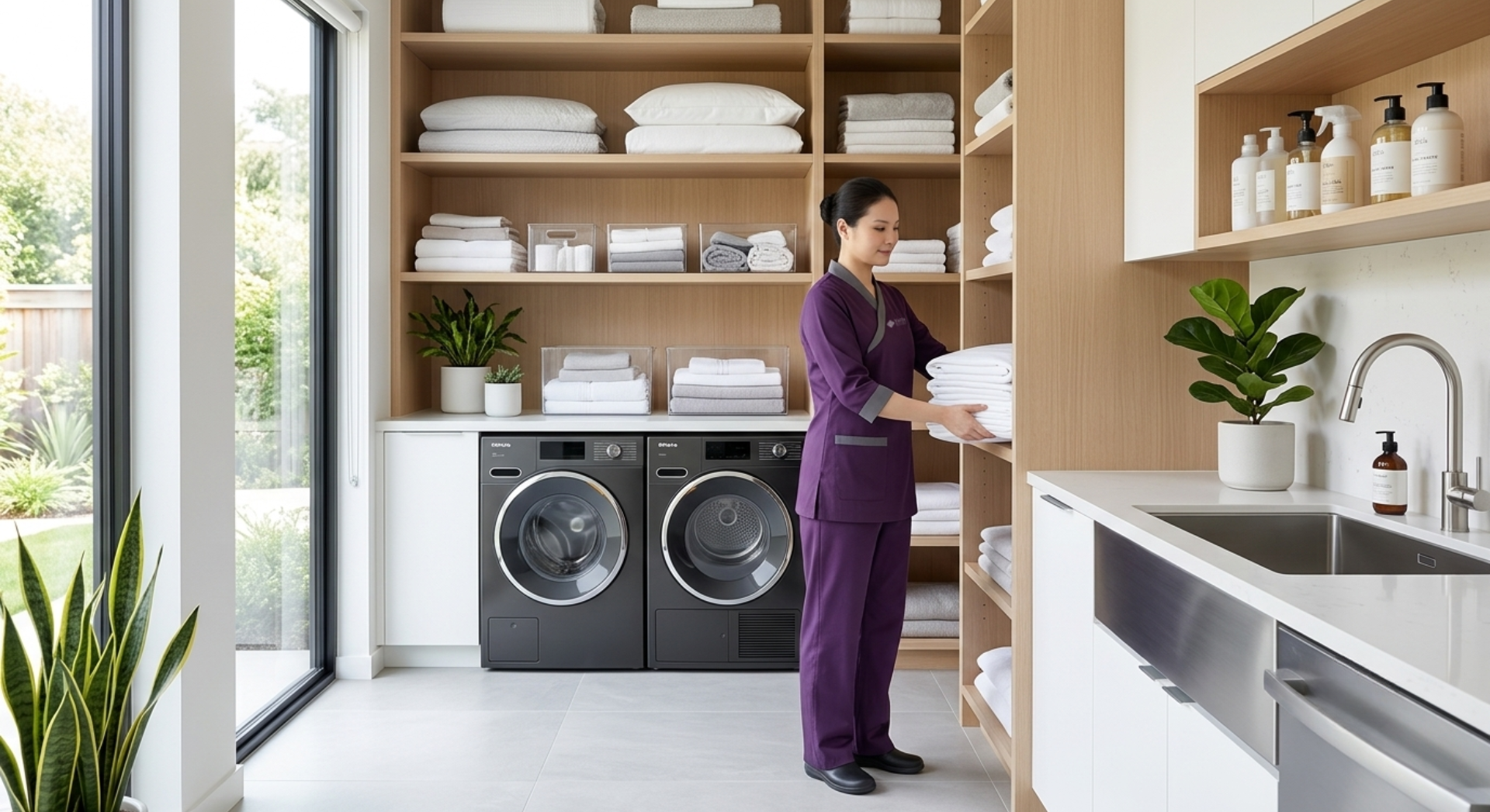 Live out maid in Dubai folding and organizing clean towels in a modern home laundry room.