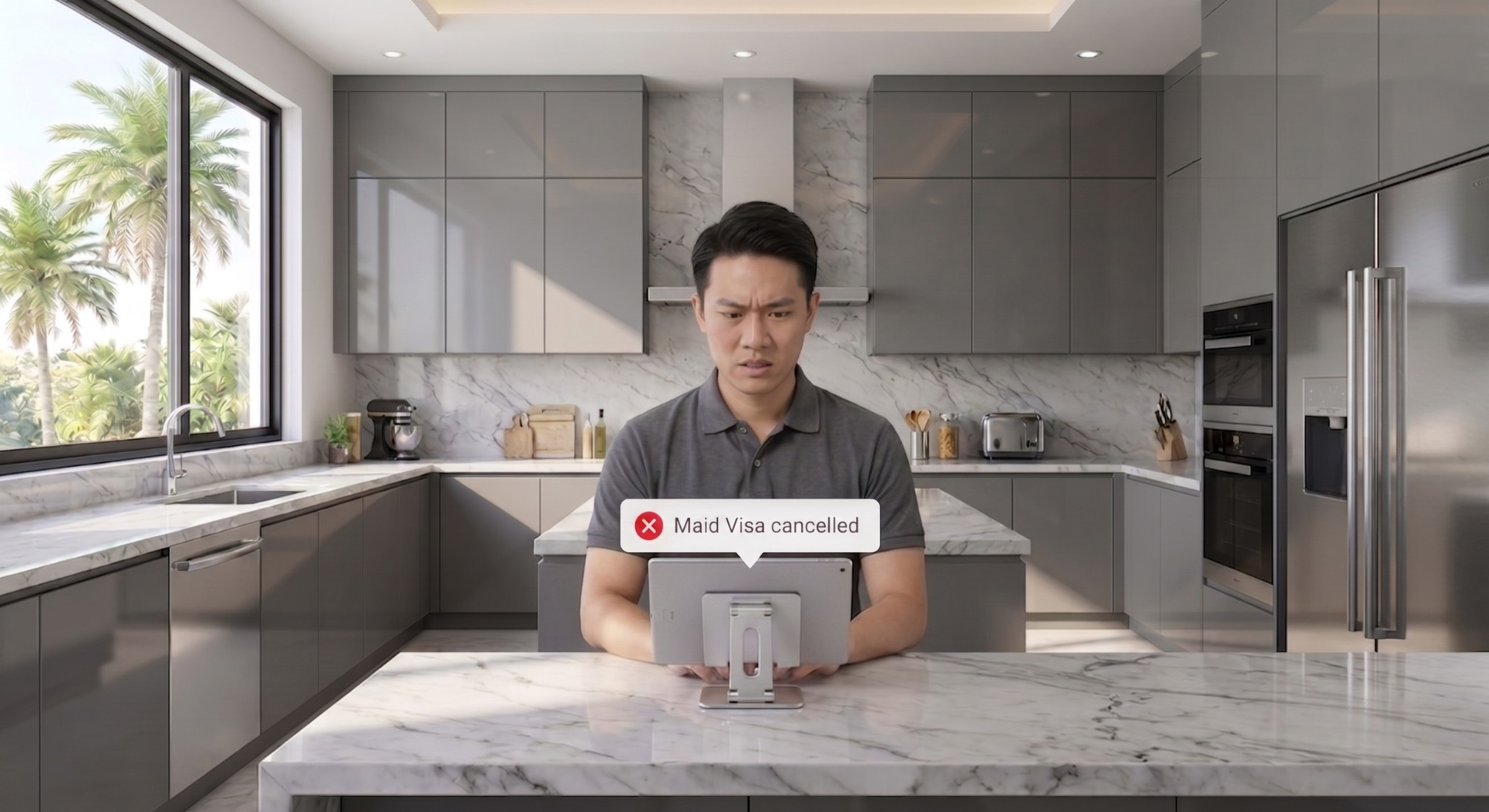 Maid agency Dubai visa cancellation notification displayed on a tablet in a modern home kitchen.
