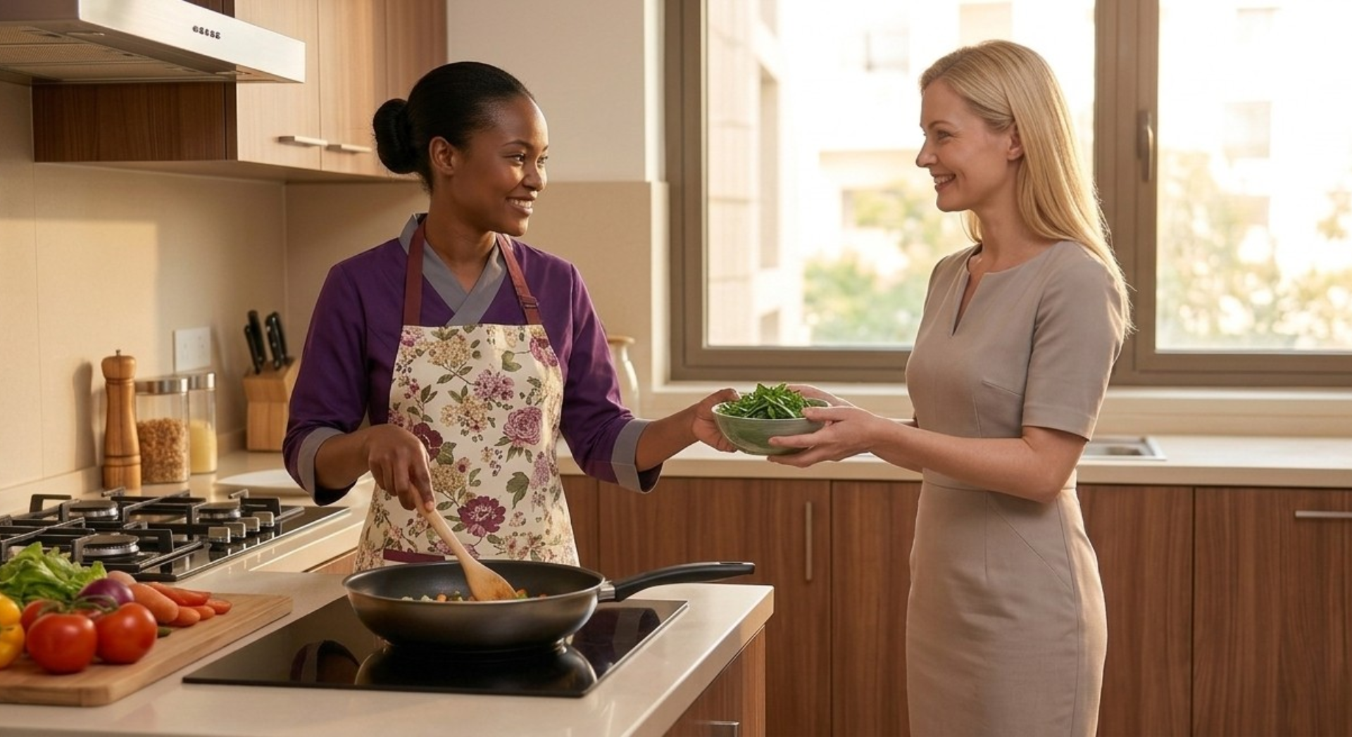 Maid agency Dubai helper preparing a healthy meal while assisting a client in a modern kitchen.