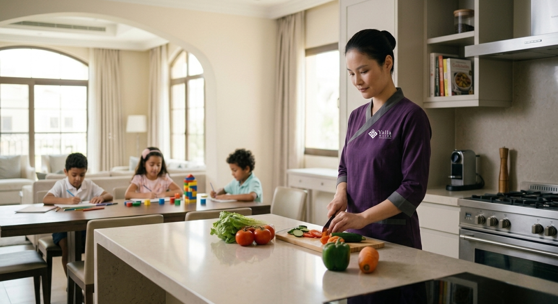 Maid service Abu Dhabi preparing healthy meals while children study at home.