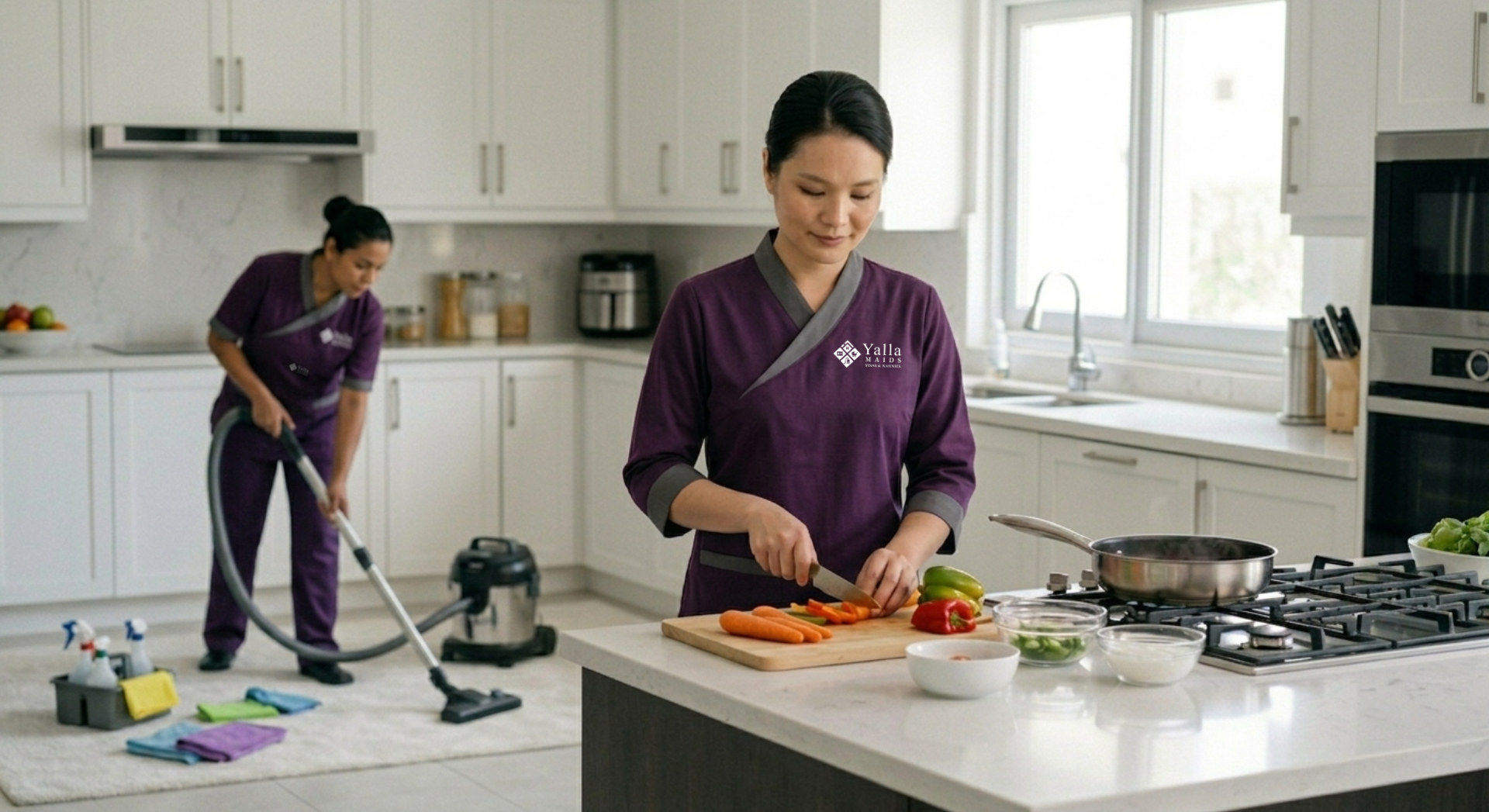 Maid visa Abu Dhabi services with professional domestic workers providing cooking and housekeeping support.