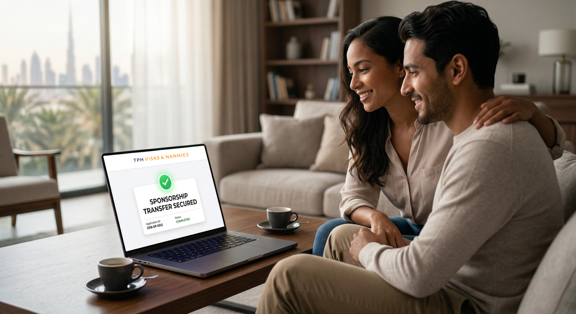 Couple reviewing maid visa cancellation status on laptop at home