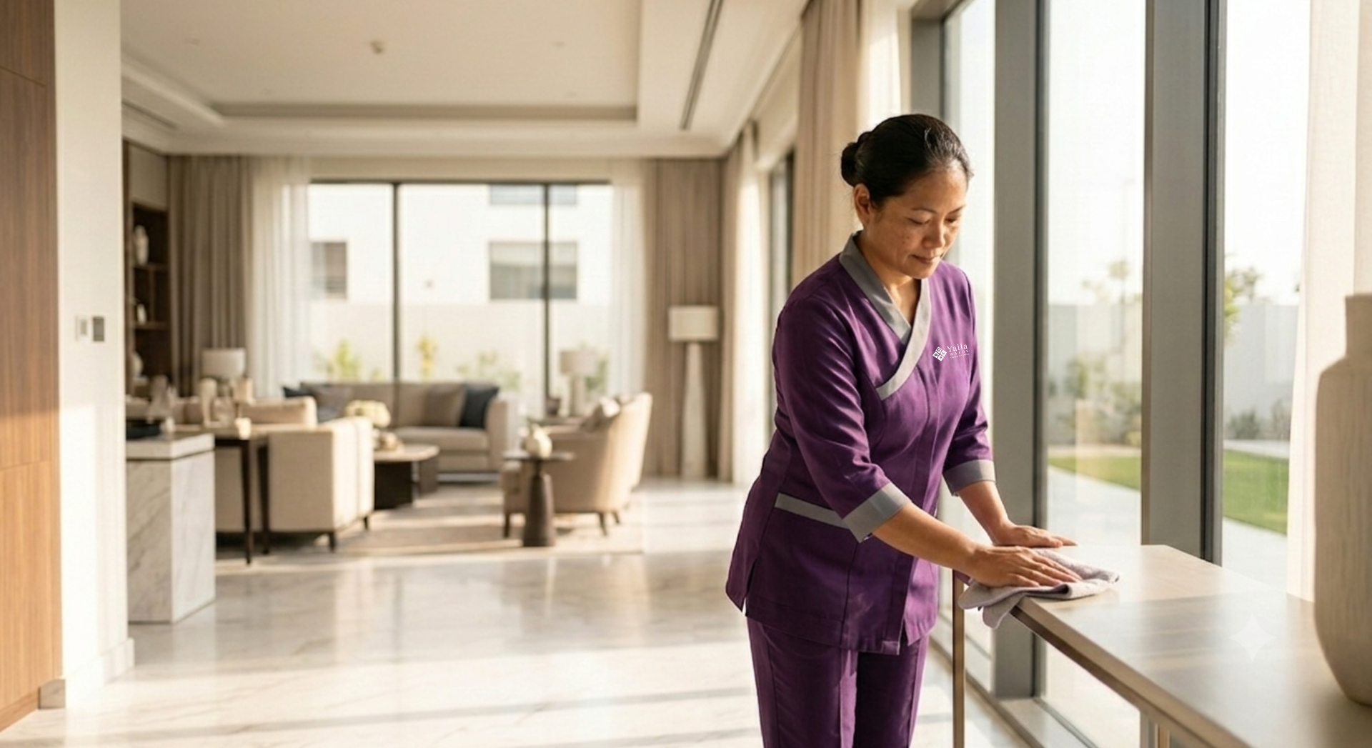Maid visa Dubai helper cleaning a modern family home during the probation period.