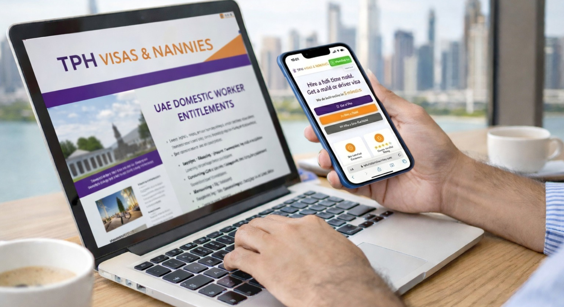 Person using laptop and phone to review maid visa renewal Dubai documents online in Dubai.