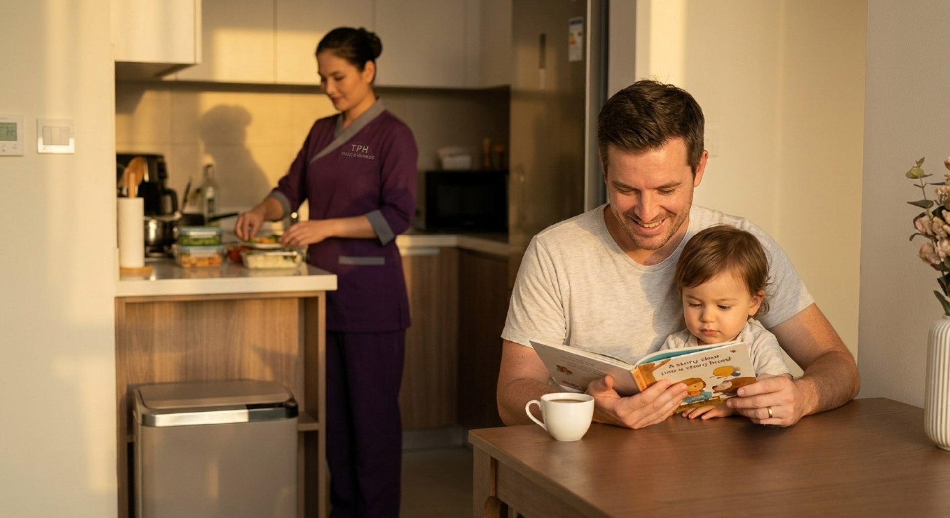 Family at home with helper in kitchen, representing maid visa sponsorship in Dubai.