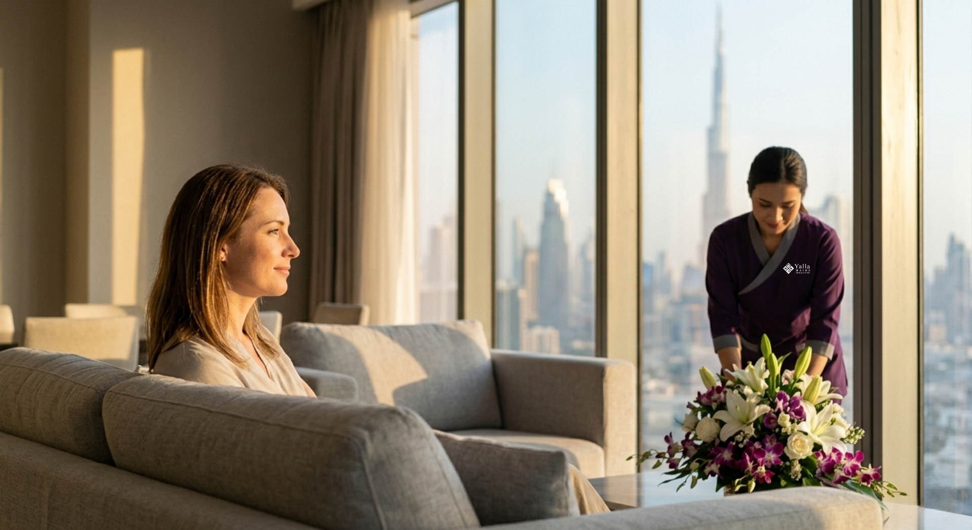 Maid visa in Dubai service with live-in housemaid assisting a family in a luxury Dubai apartment.