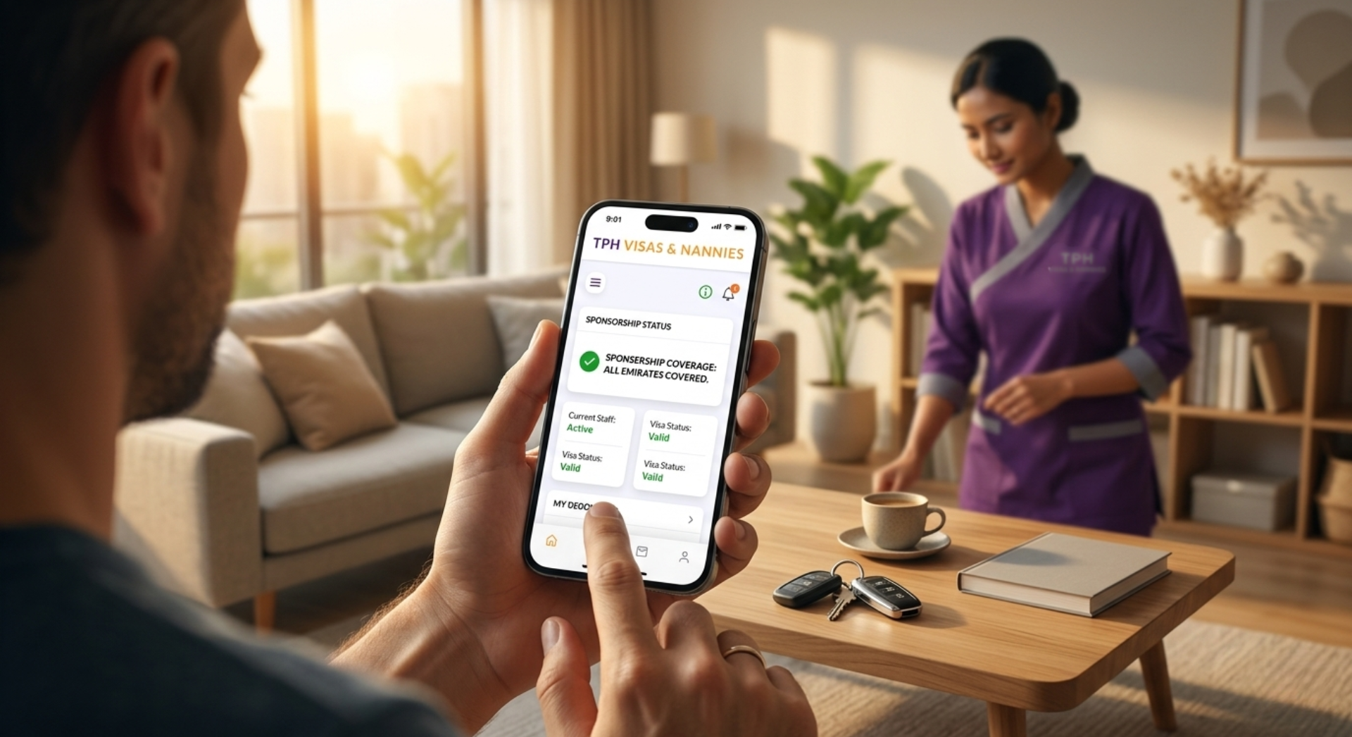 Man checking maid visa UAE status on phone while a nanny serves coffee at home