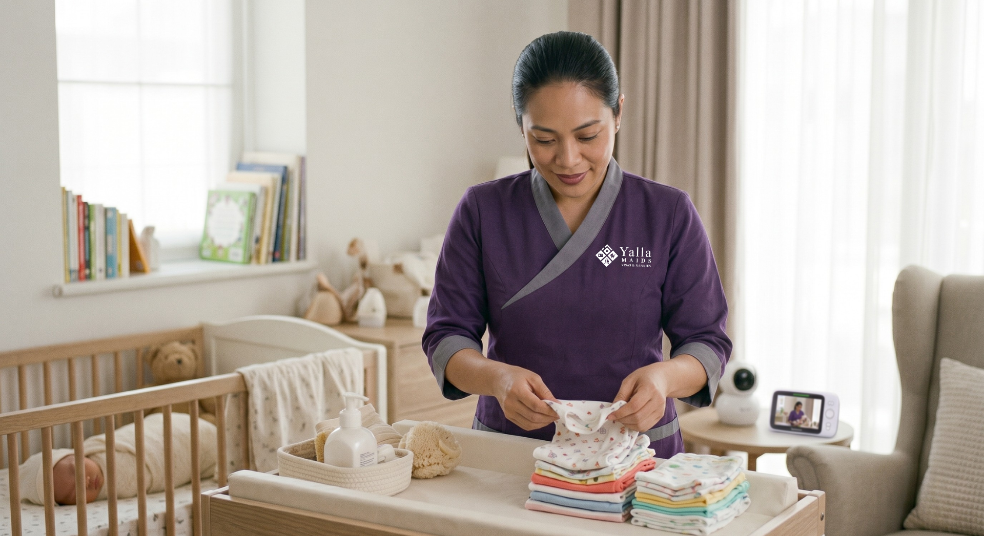 Nanny visa maid folding baby clothes beside crib in nursery room.