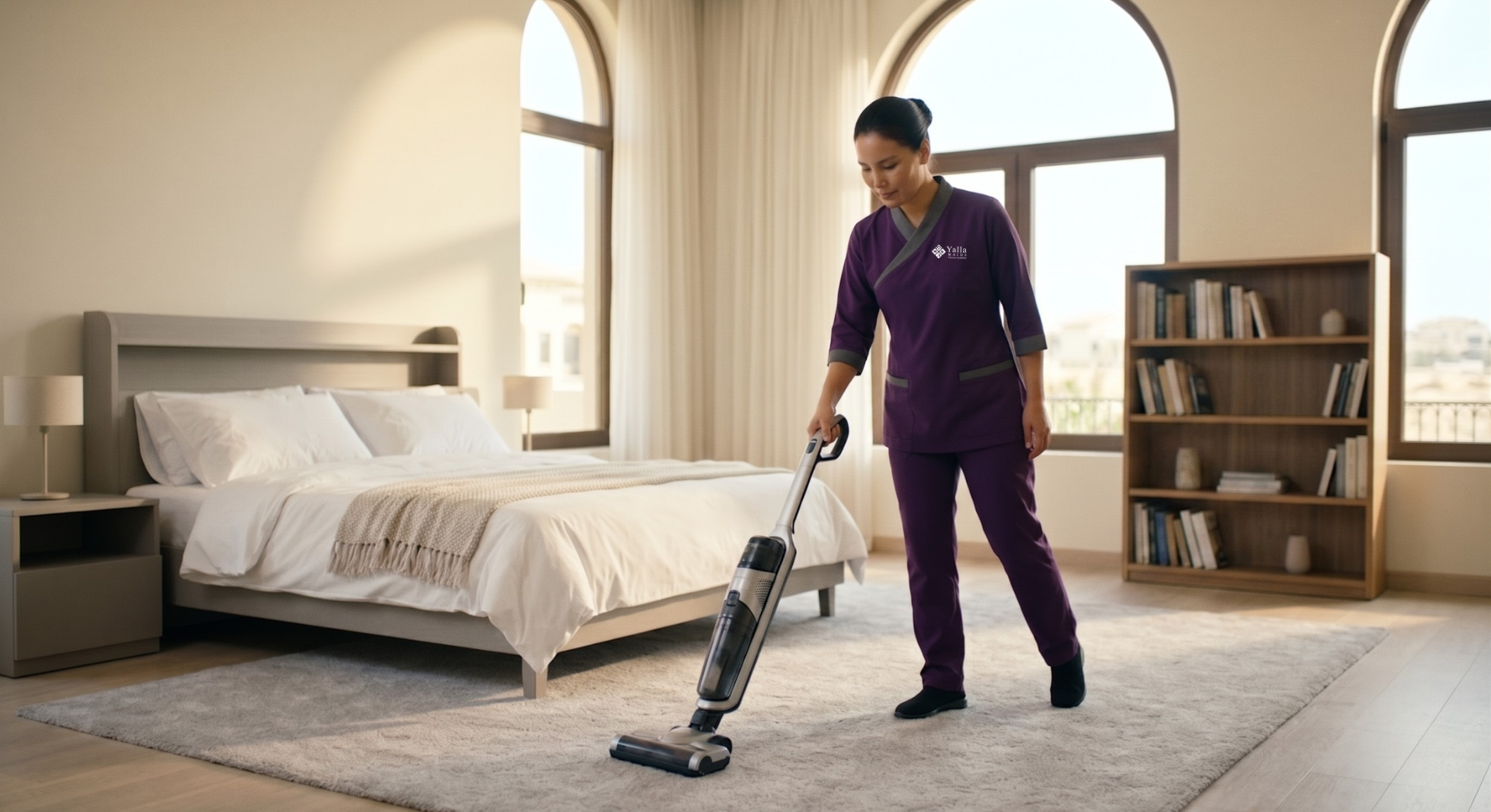 Monthly maid service in Dubai maid vacuuming bedroom carpet in modern apartment.