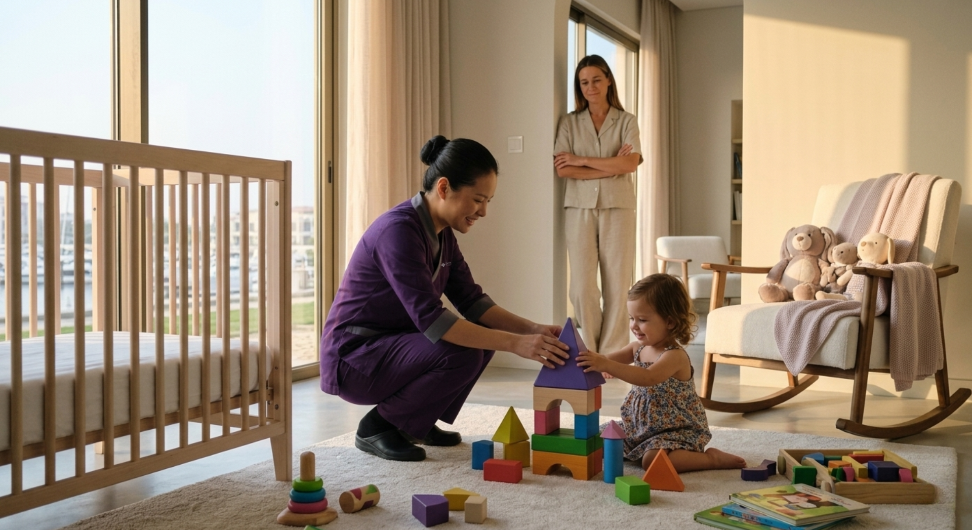 Nanny visa eligibility: caregiver playing with a toddler at home while a parent supervises nearby.