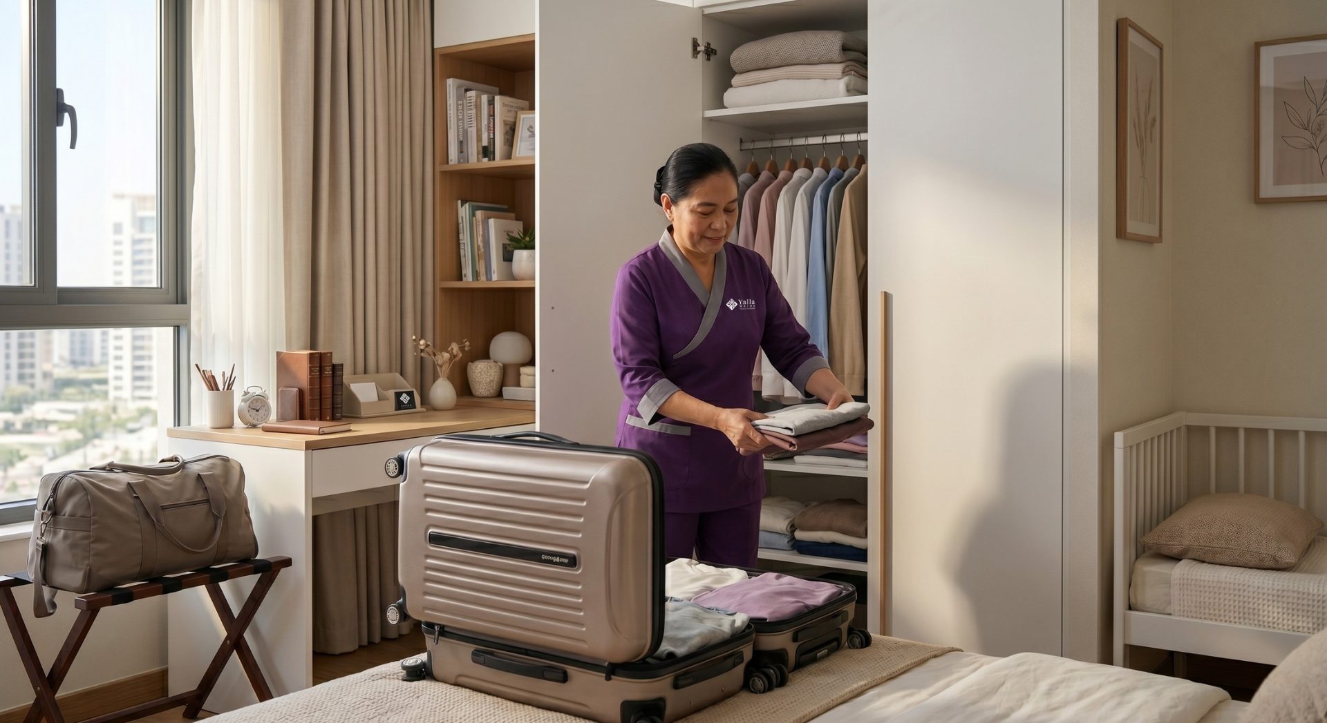 Nanny visa Dubai accommodation with a private room, wardrobe storage, and organized living space for a live-in nanny.