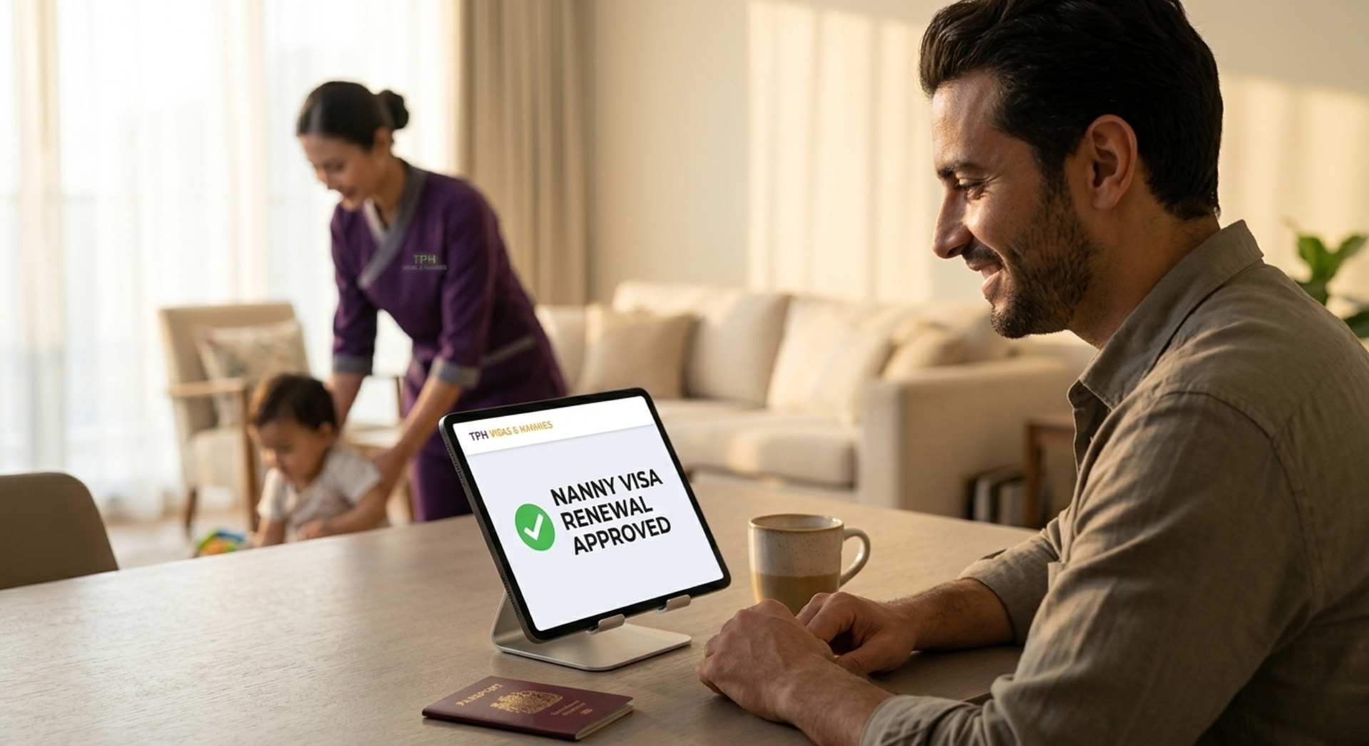 Nanny visa Dubai renewal approved on tablet while family relaxes at home