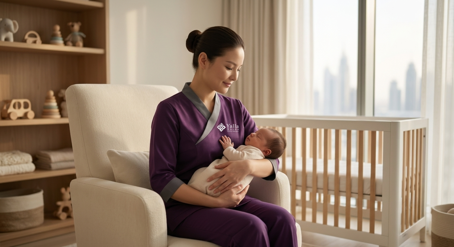 Nanny visa Dubai caregiver holding a sleeping baby in a modern nursery.