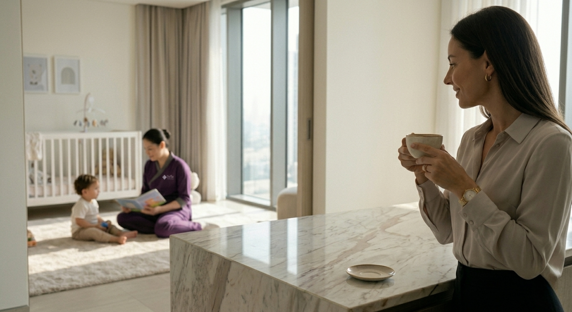 Nanny in Dubai caring for a child while a working mother relaxes at home.