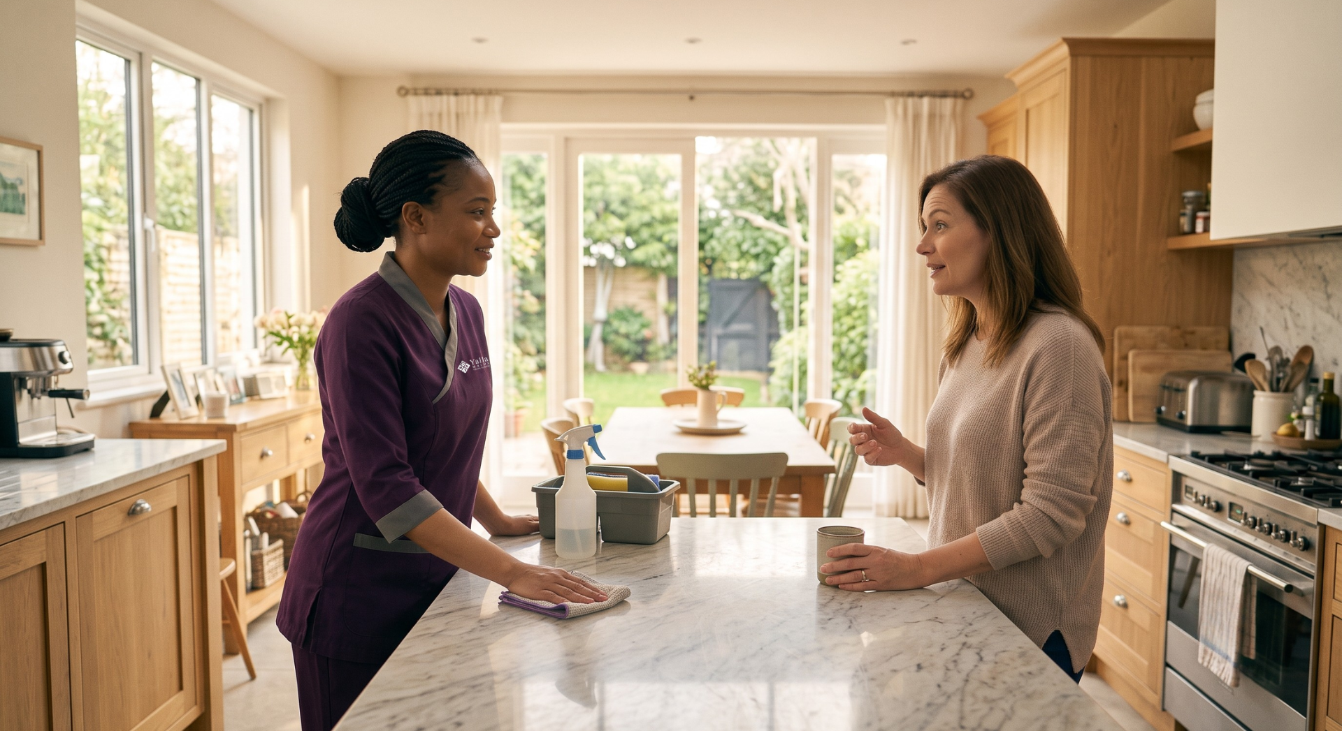 Housemaid in Sharjah cleaning a kitchen counter while speaking with a homeowner.