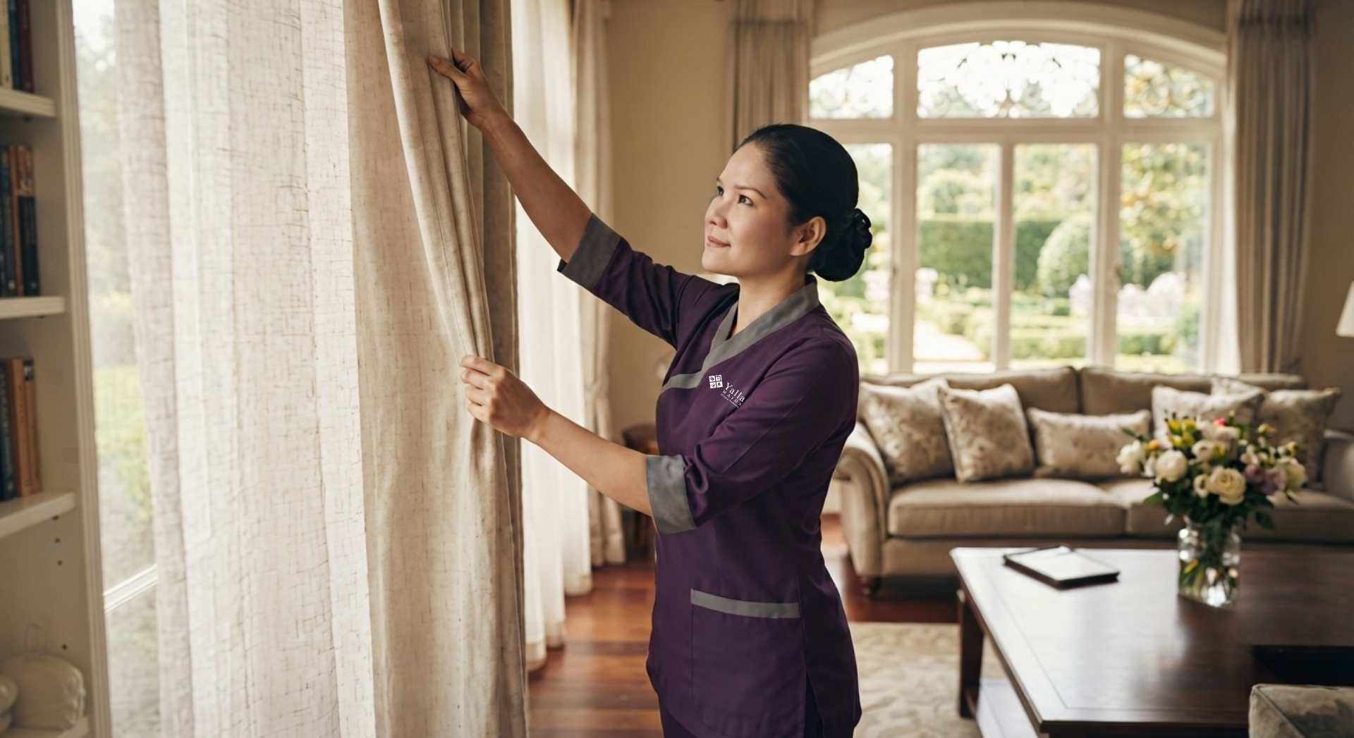 Live-in maid in Dubai adjusting curtains in a bright, modern living room.