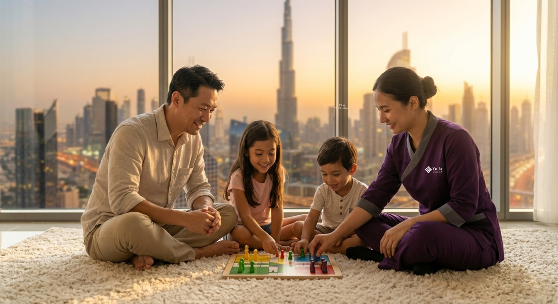 Family playing with a caregiver at home after getting a maid visa in Dubai.