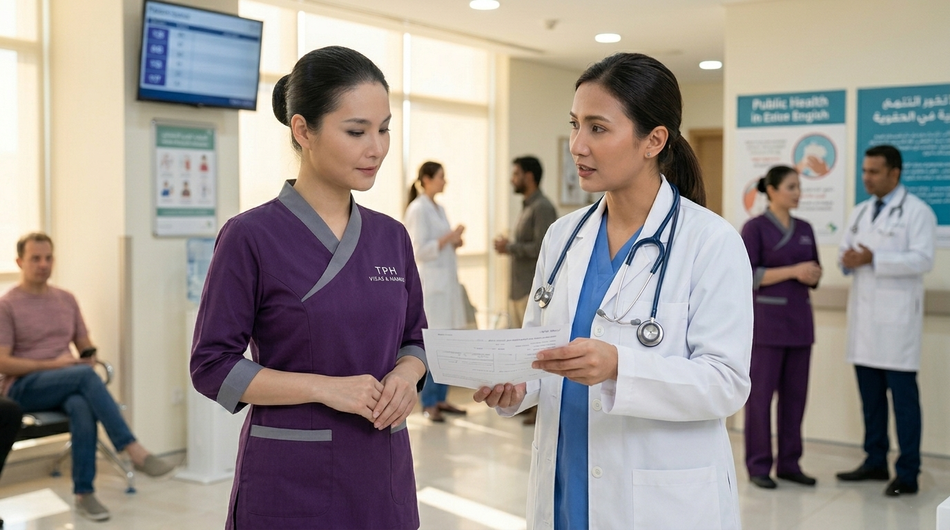 Doctor discussing medical test results with a domestic worker during a maid visa in Dubai medical fitness screening process.