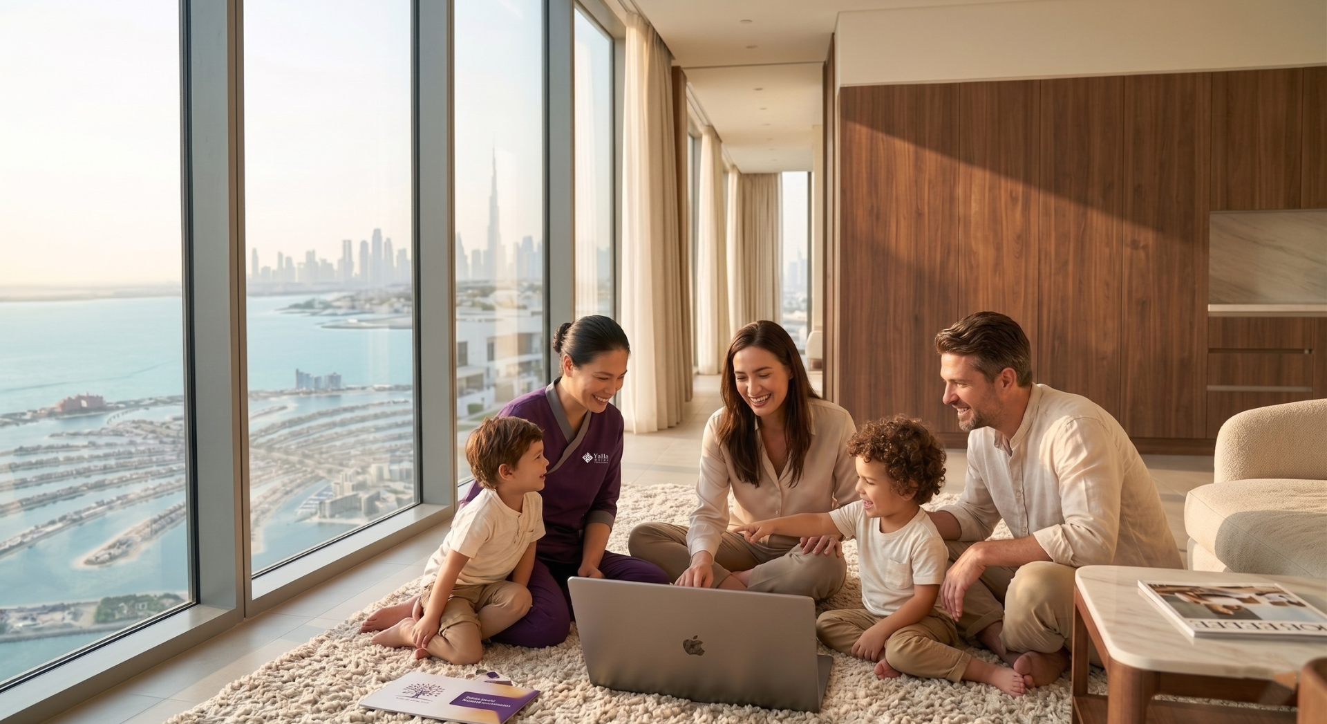 Family in Dubai discussing a maid visa in Dubai with a caregiver at home overlooking the city skyline.