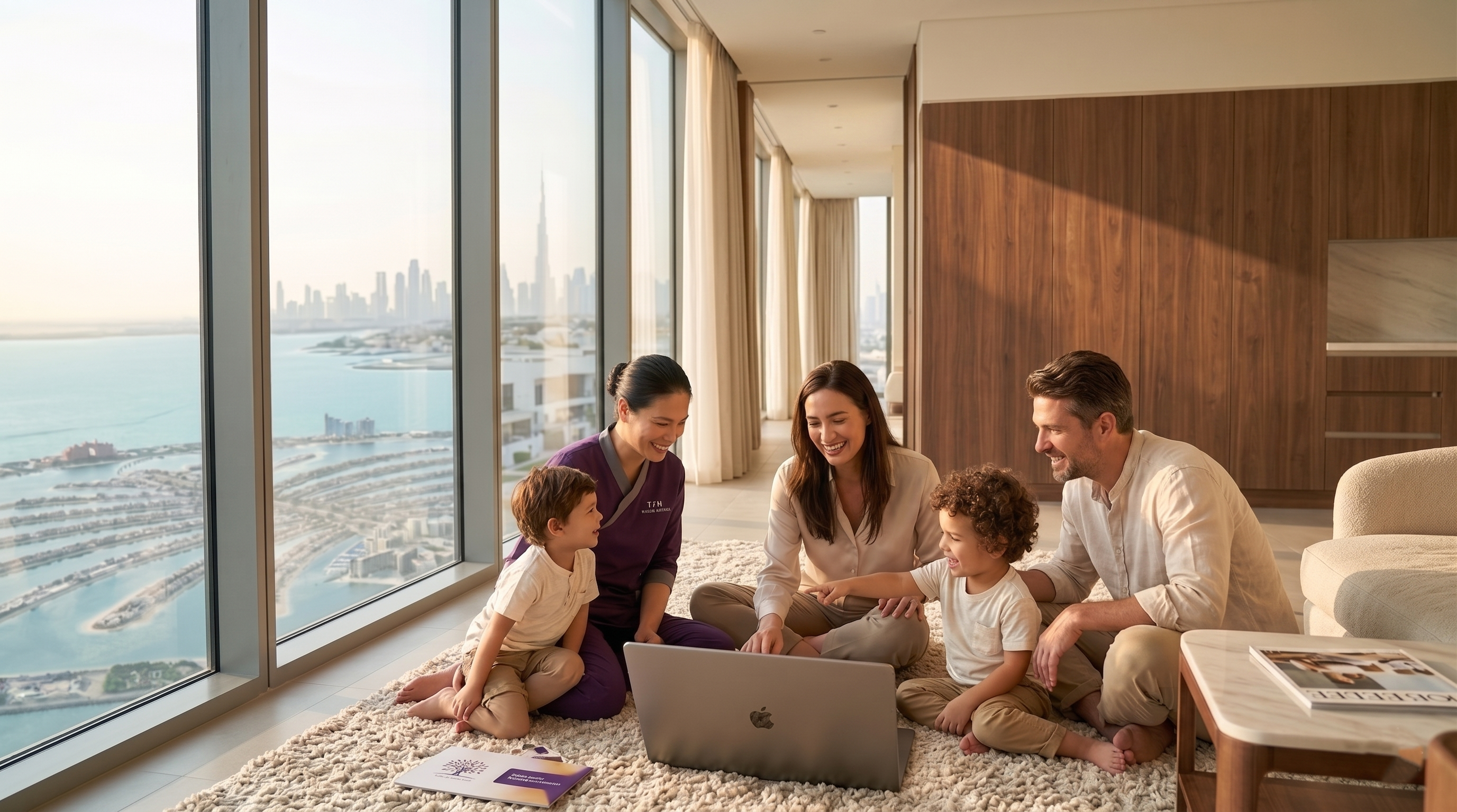 Family in Dubai discussing a maid visa in Dubai with a caregiver at home overlooking the city skyline.