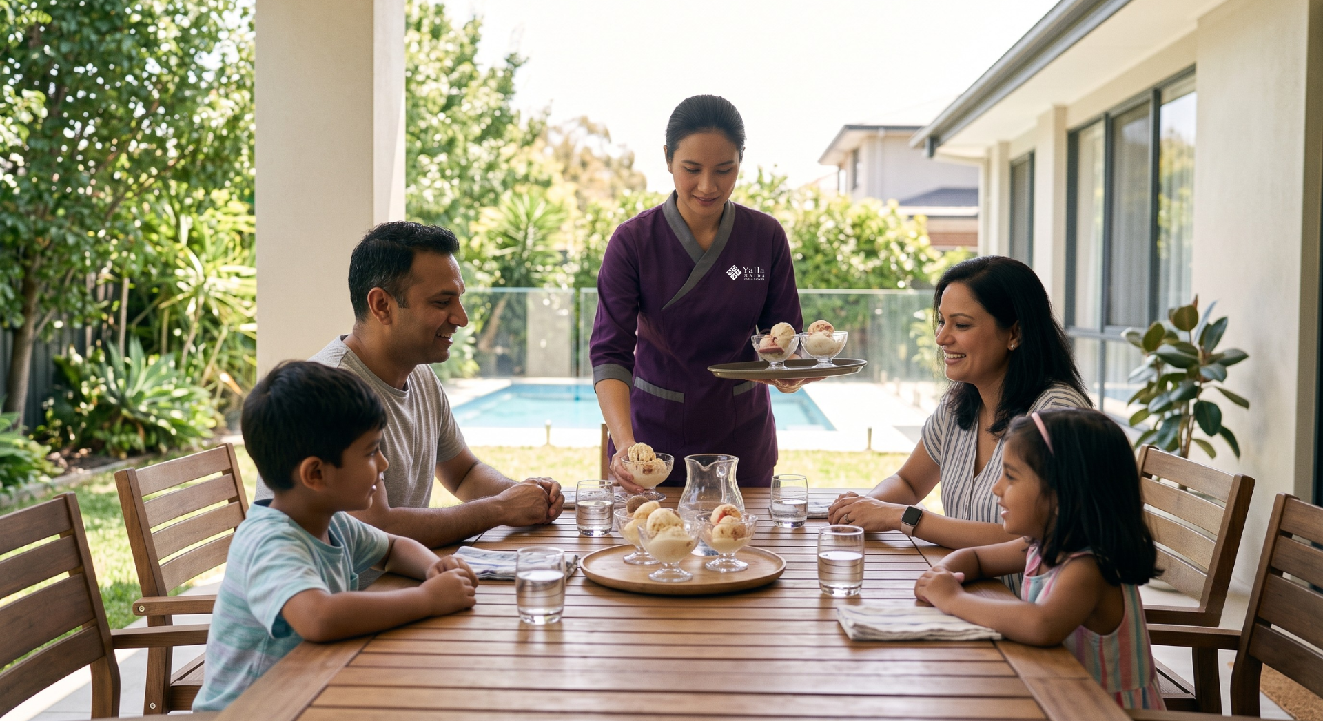 Full time maid serving ice cream to a family enjoying summer outdoors at home.