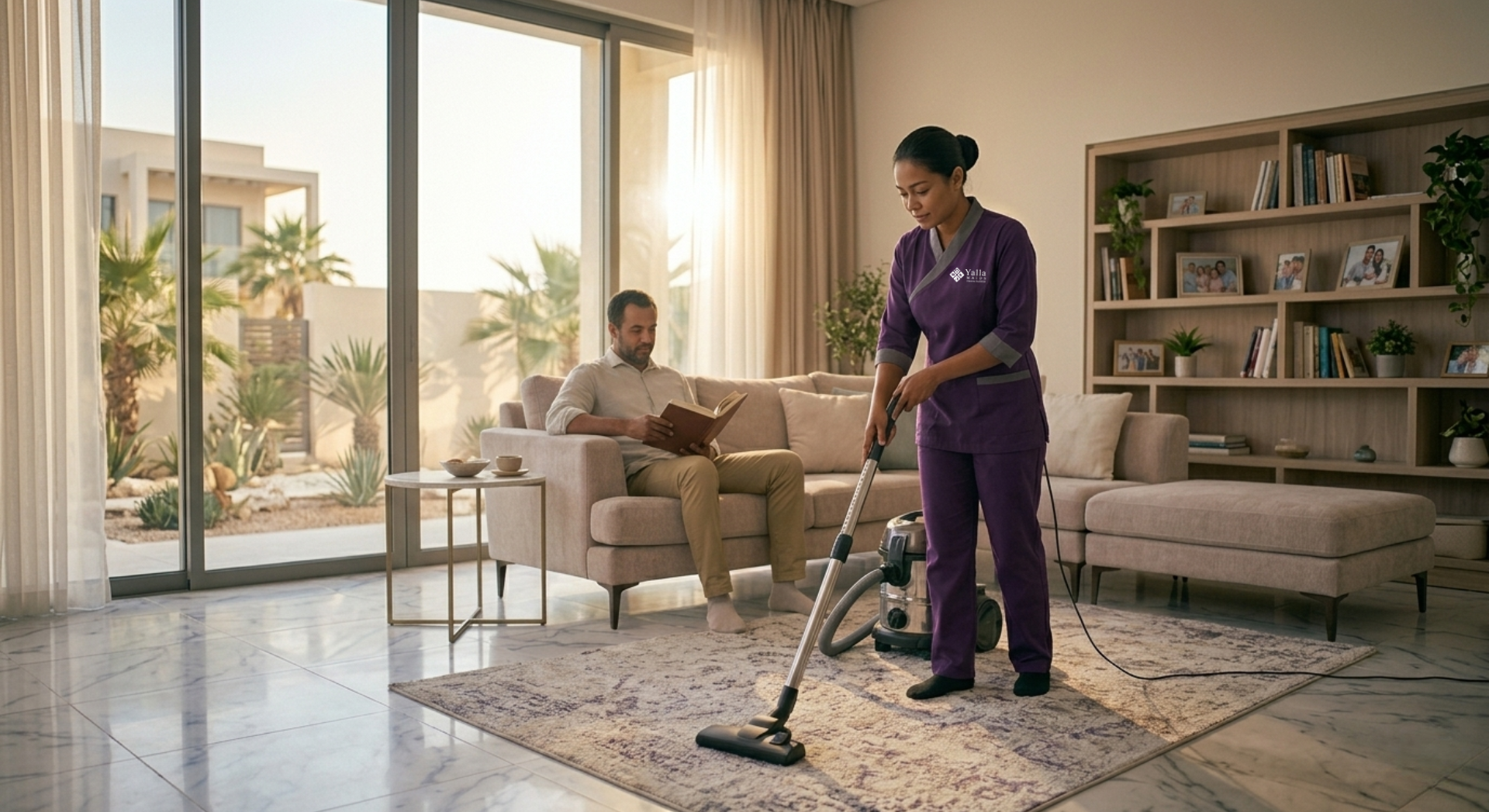 Tadbeer Abu Dhabi maid service professional cleaning a living room in a family home.