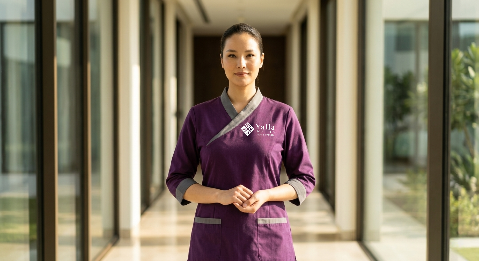 Tadbeer Dubai domestic worker services with a professional maid standing in a modern residence.