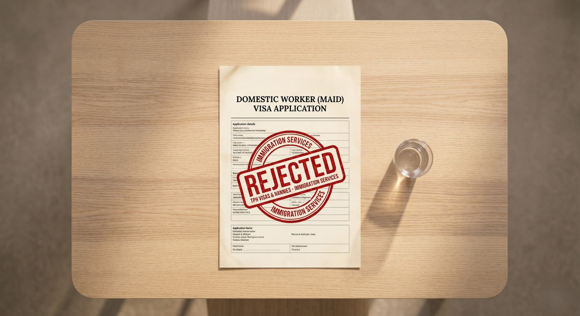 A domestic worker maid visa in Dubai application form stamped "REJECTED" on a wooden table.