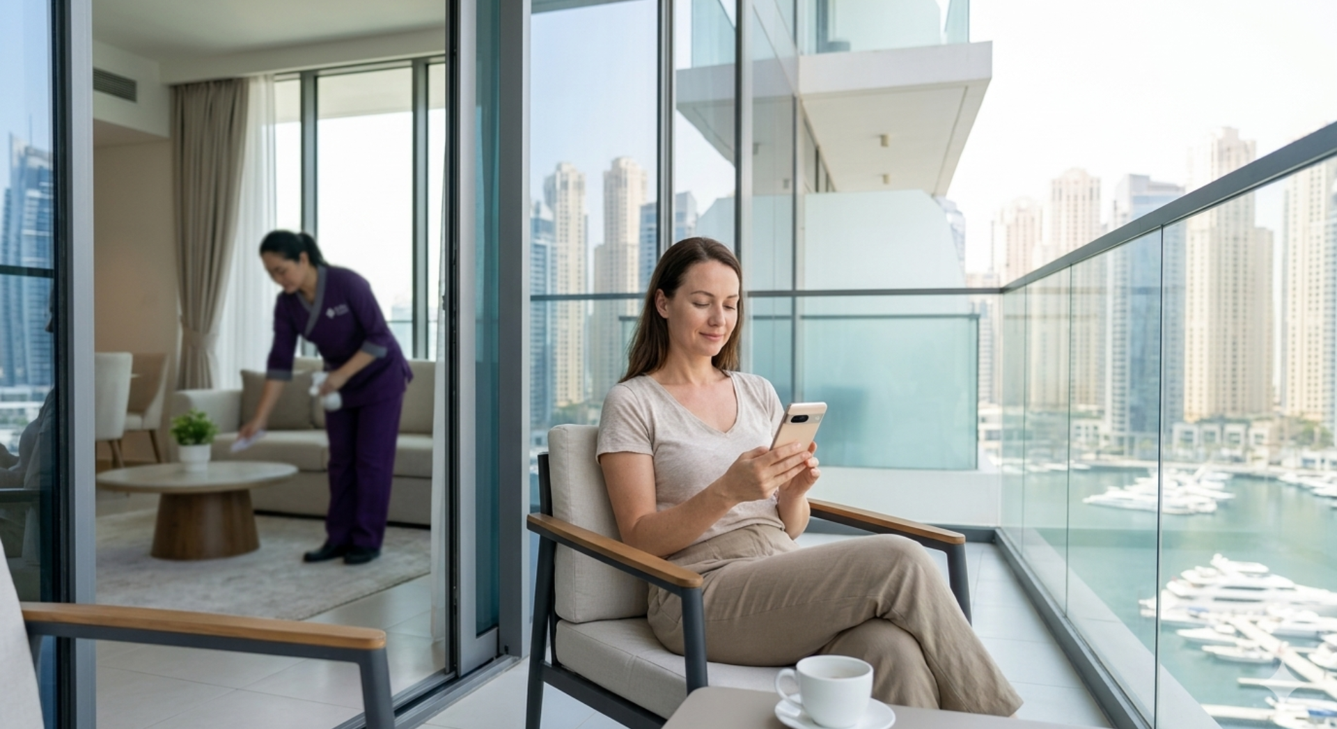 Maid visa Dubai cost for professional home cleaning services in a luxury apartment.