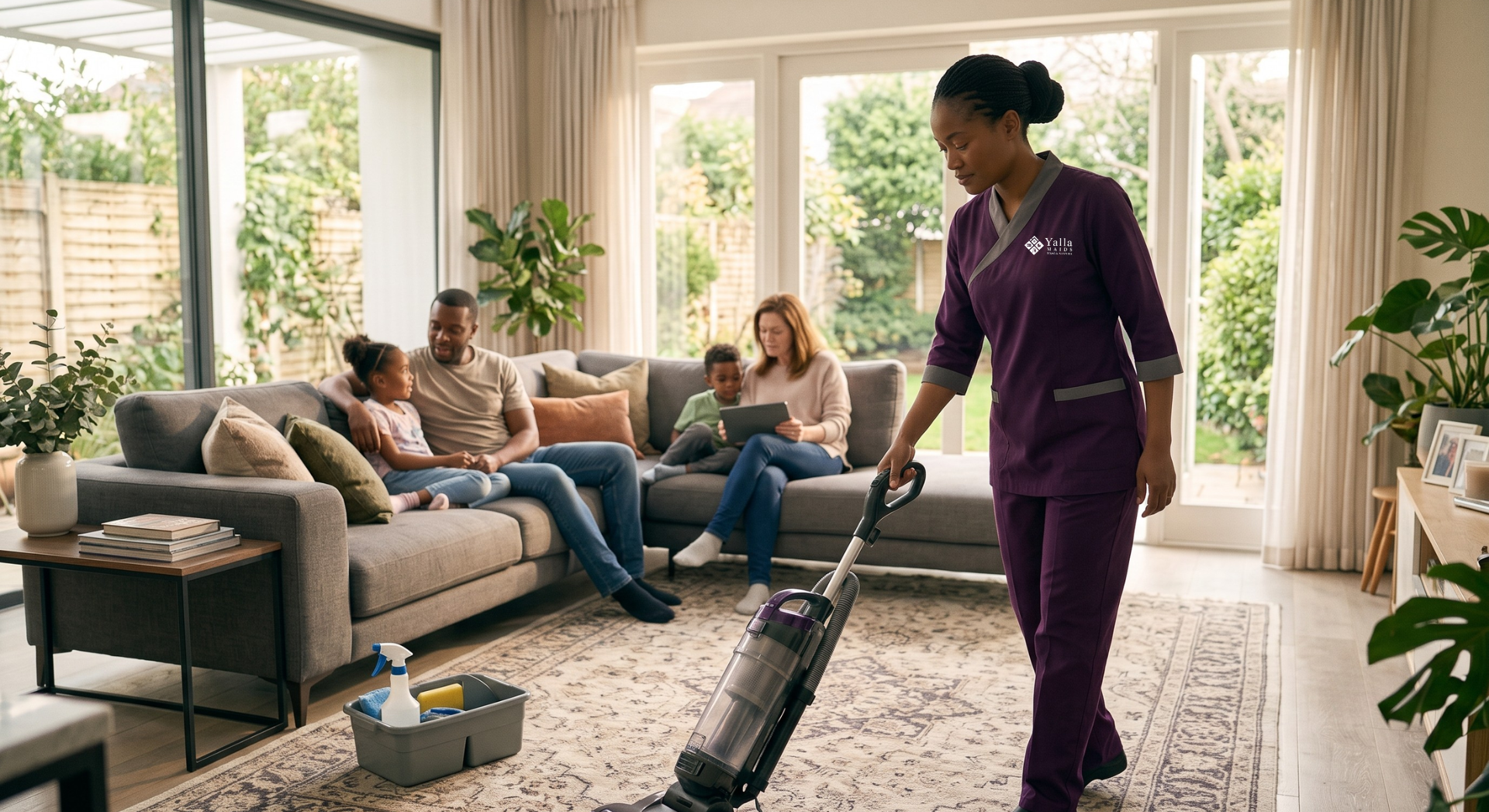 Housemaid visa in the UAE: Domestic maid cleaning a living room while a family relaxes on the sofa.