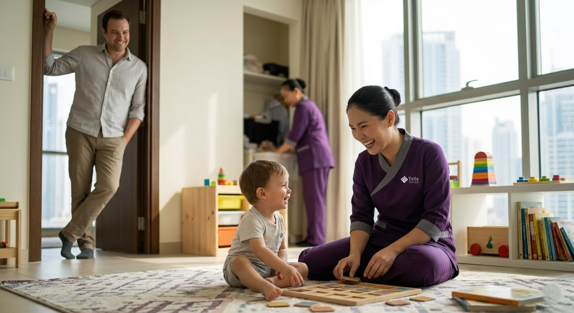 Nanny in Dubai playing with a toddler at home while a parent looks on nearby