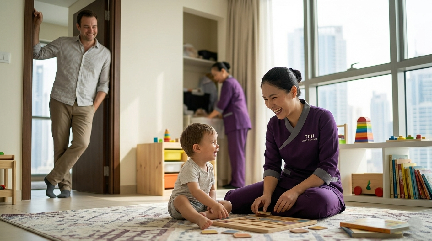 Nanny in Dubai playing with a toddler at home while a parent looks on nearby