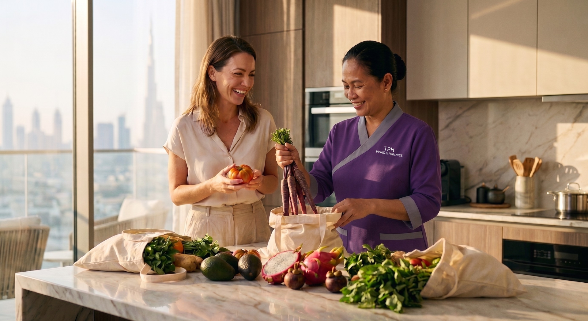 Hire a maid in Dubai service helping family unpack groceries in modern kitchen.