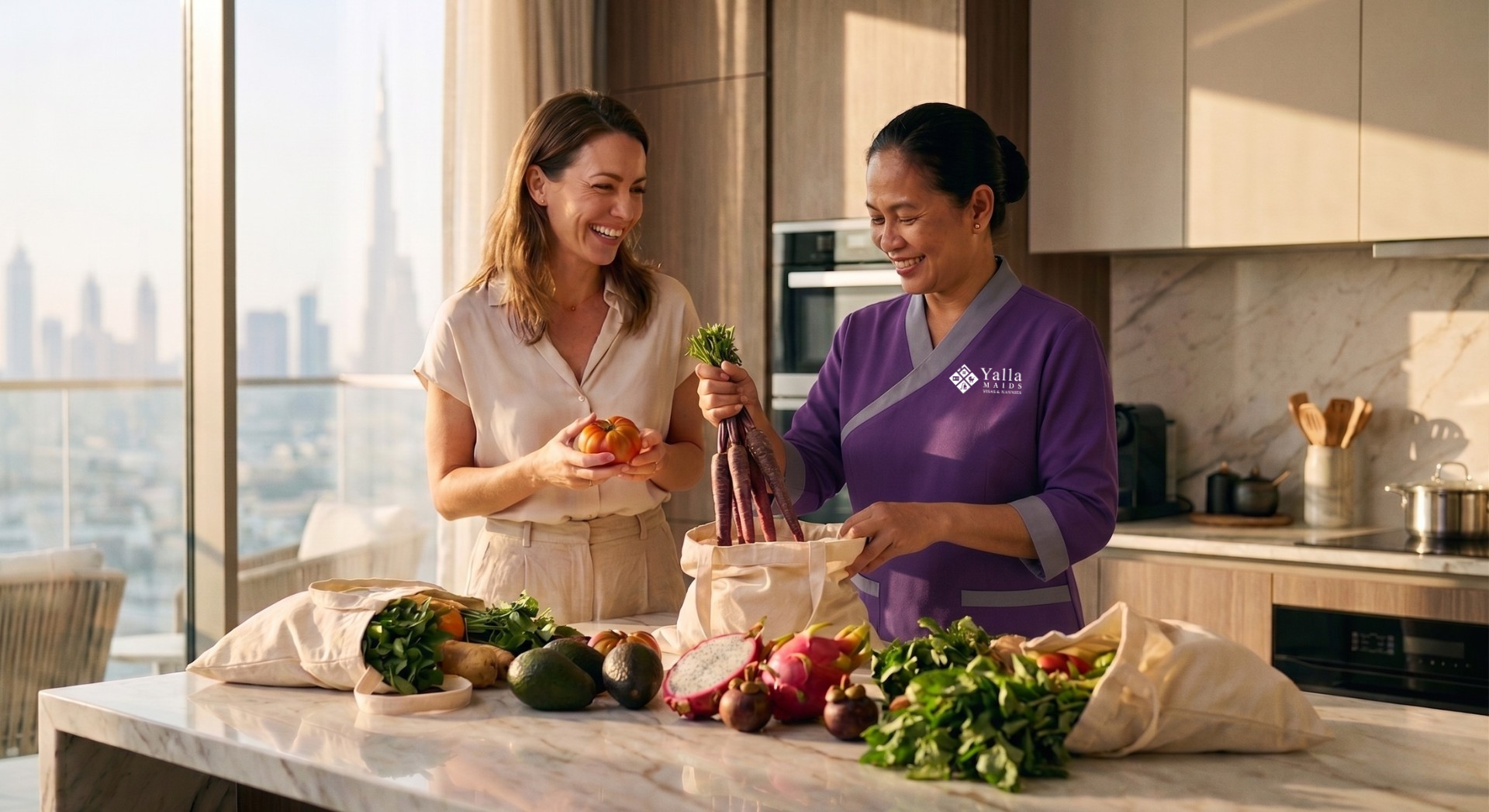 Family and maid preparing fresh groceries at home after they hire a maid in Dubai.