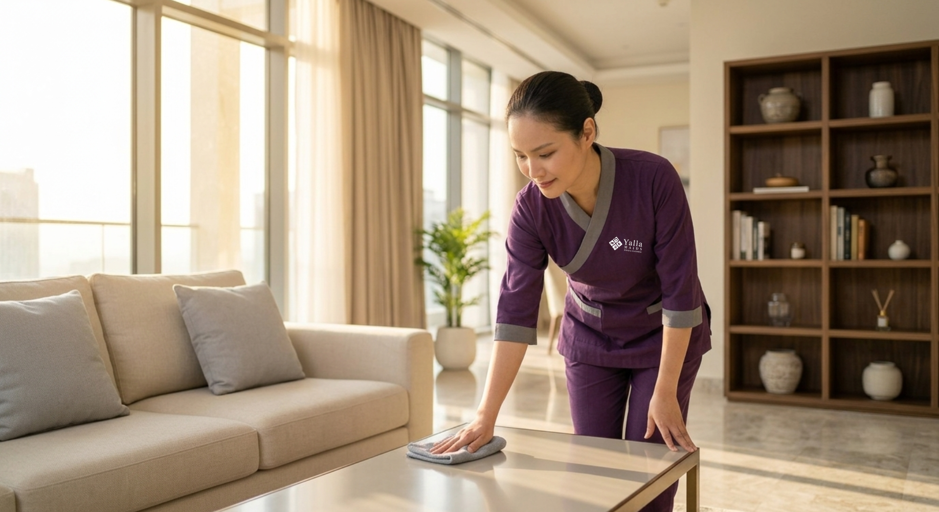 Live out maid Dubai cleaning a coffee table in a modern living room.