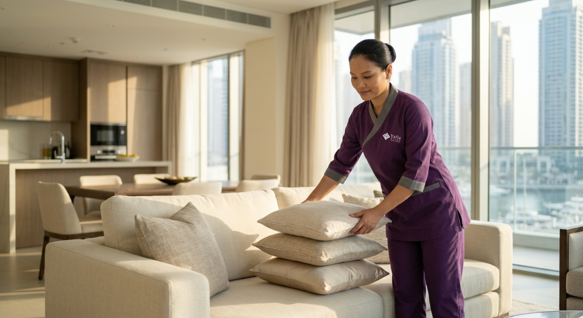 Nanny Dubai arranging sofa cushions in a modern Dubai apartment living room.