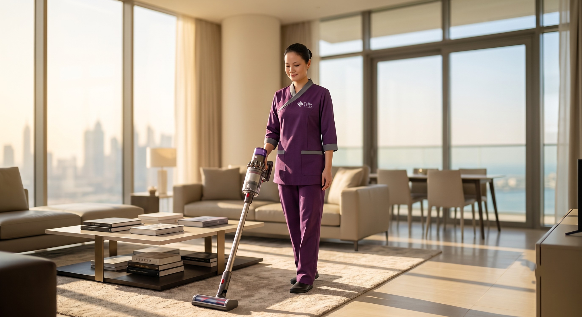Live in maid vacuuming a modern Abu Dhabi living room.