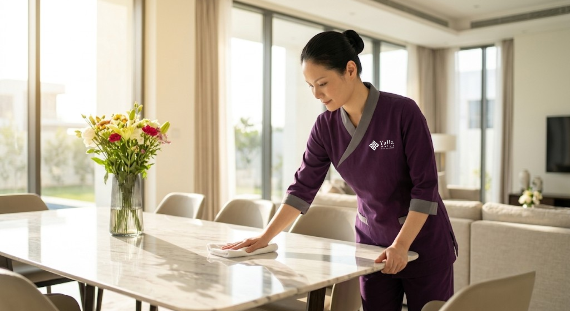 Maid visa UAE maid cleaning a dining table in a modern home.