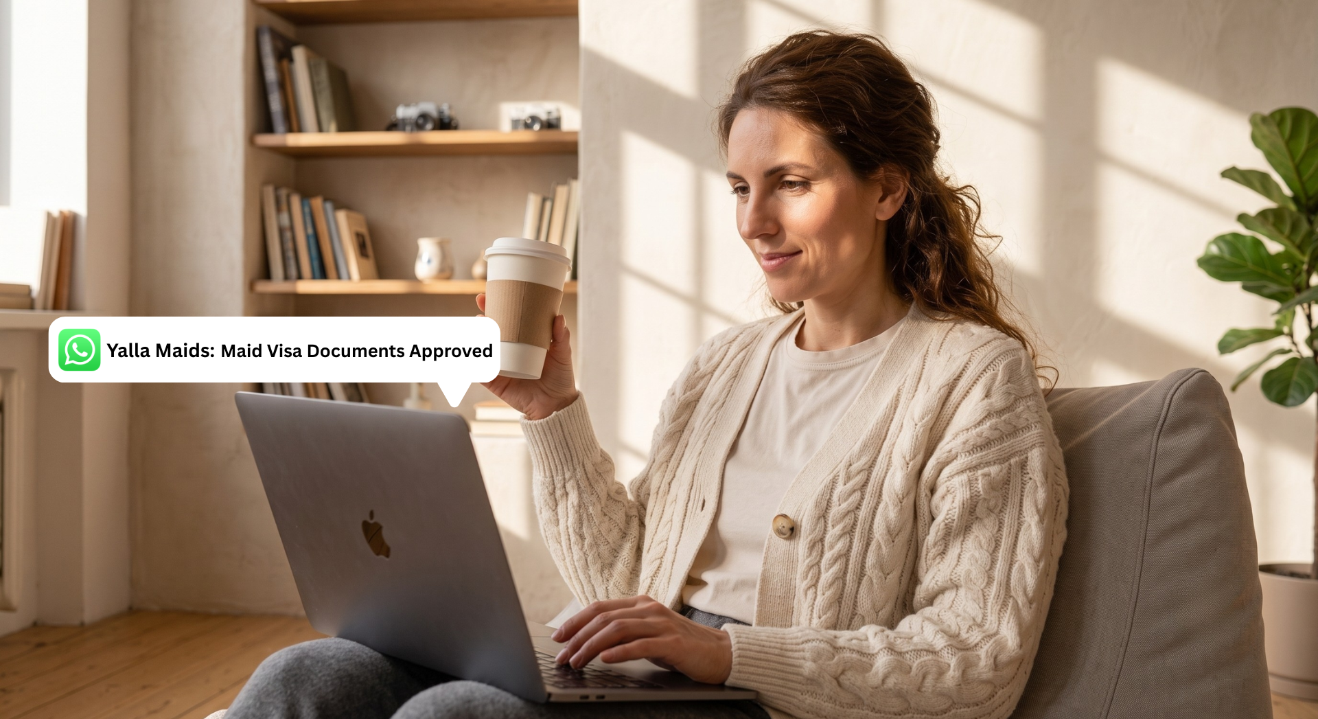 Woman receiving maid visa approval notification while applying online from home.