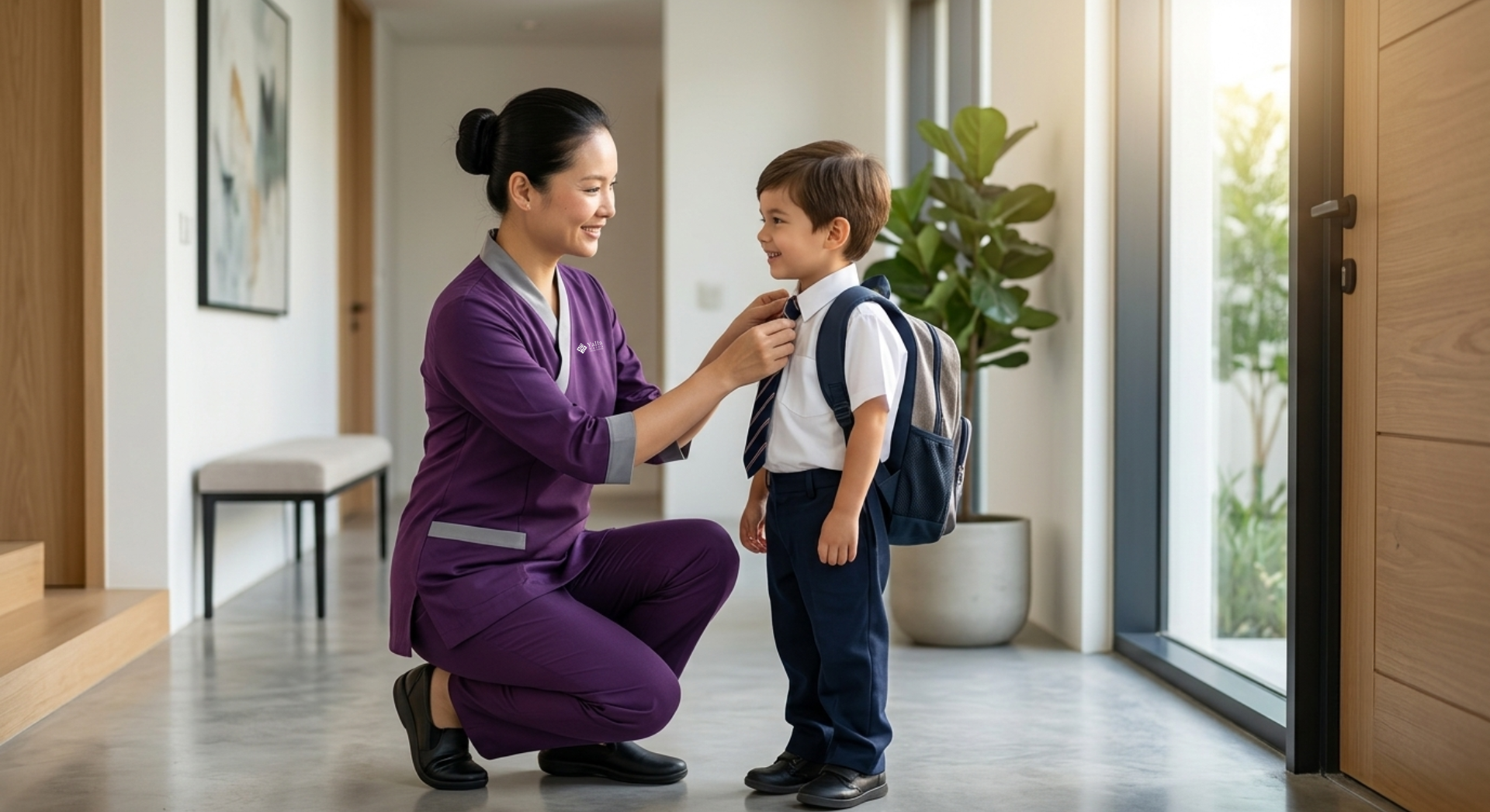 Live out nanny Dubai helping a schoolboy get ready for school.
