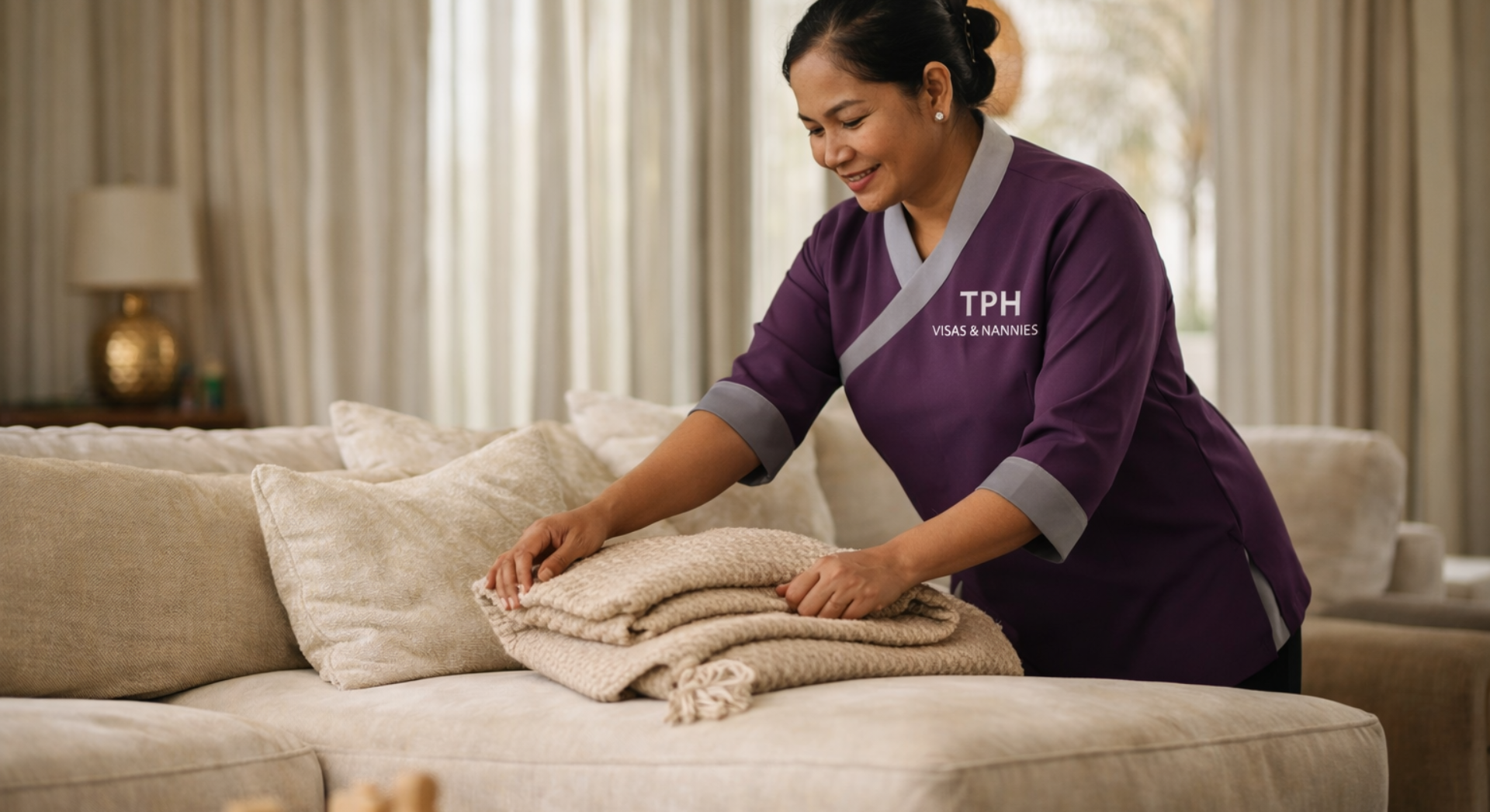 Live-in maid in Dubai folding blankets neatly on a sofa in a modern living room.