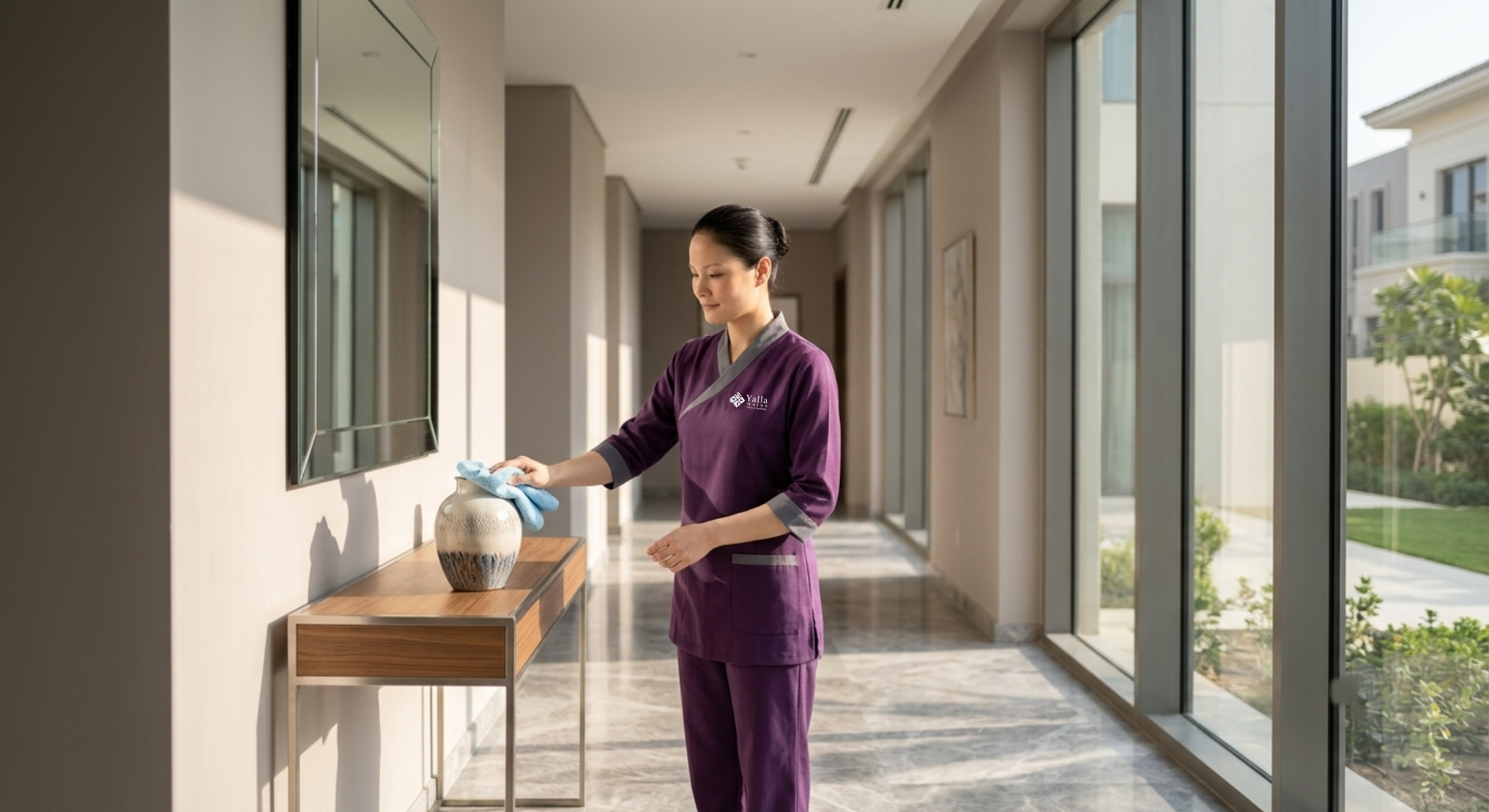 Live in maid Dubai cleaning and dusting a modern home interior.