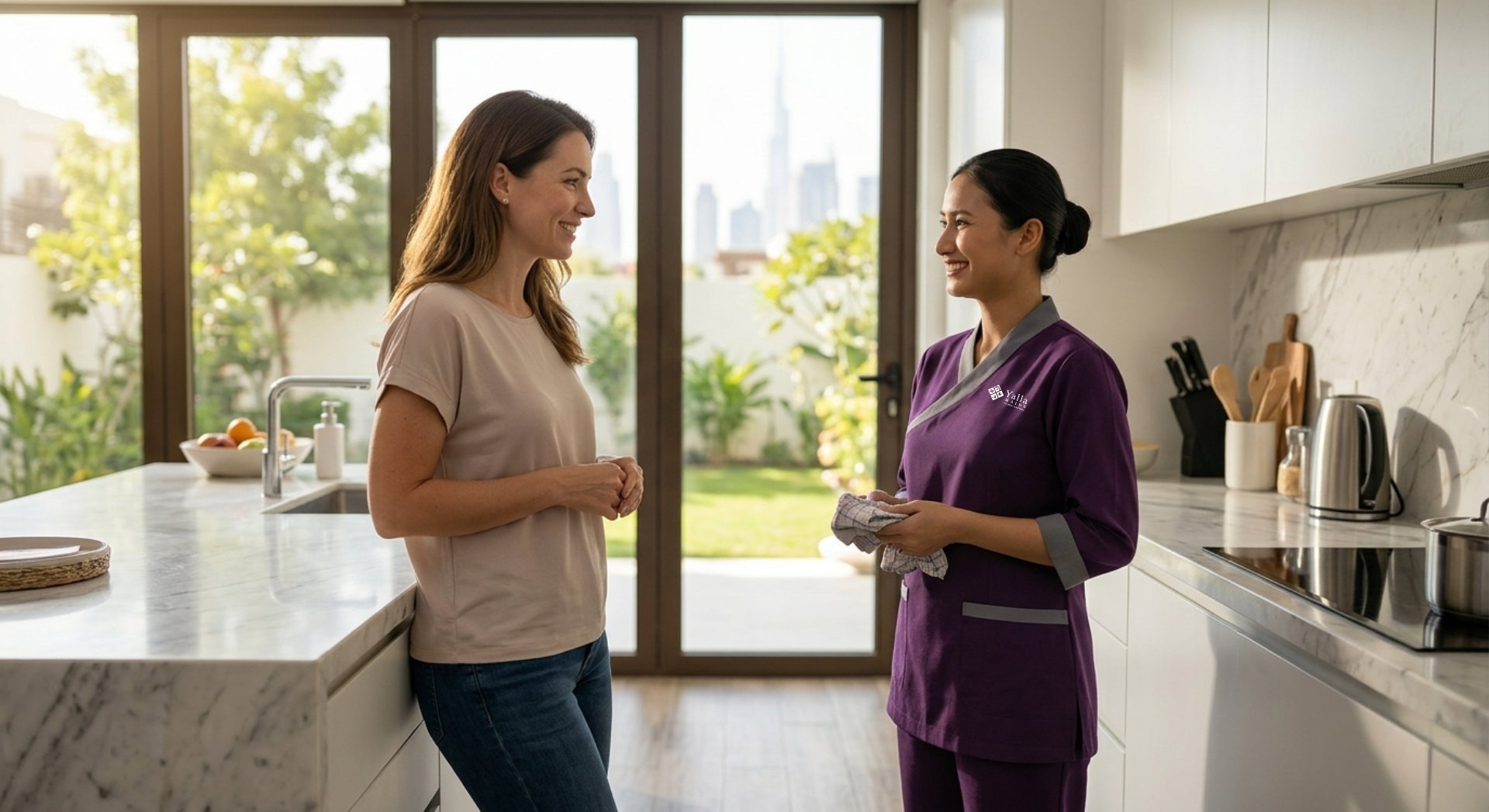 Family speaking with a maid after getting a maid visa in Dubai.