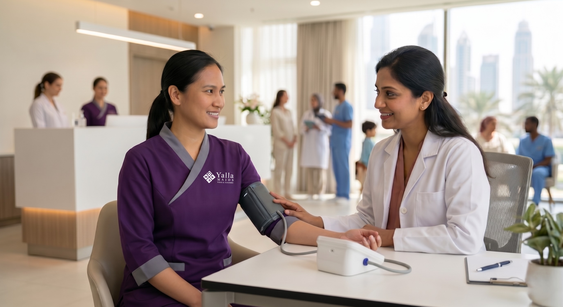 Maid visa in Dubai medical check with nurse measuring blood pressure at clinic